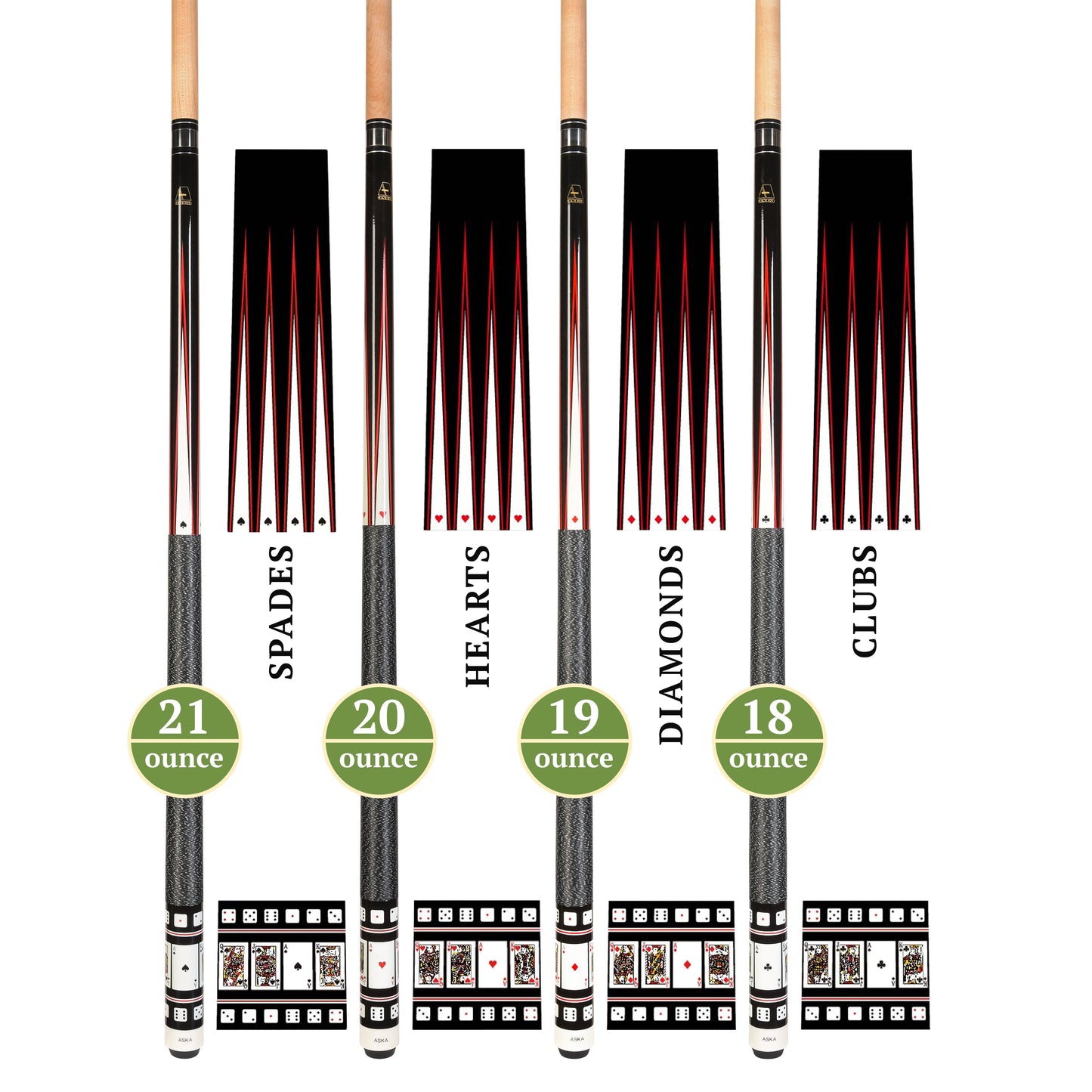 Set of 4 Aska Cards and Dice Billiard Pool Cues, 58" Hard Rock Canadian Maple, 13mm Hard Tip, Mixed Weights, CDS4