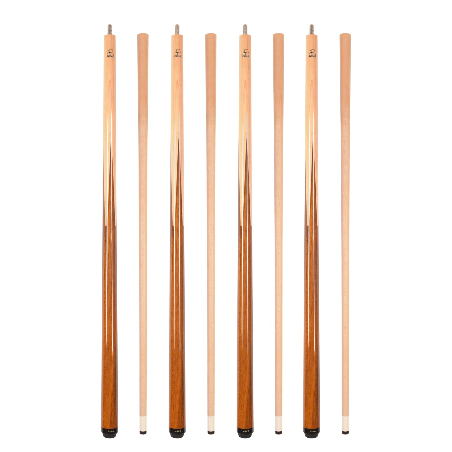 Set of 4 Aska SP1 Malaswood Sneaky Pete Billiard Pool Cue Sticks, 58" Hard Rock Canadian Maple, 13mm Hard Le Pro Tip, 2-Piece Construction. SP1S4