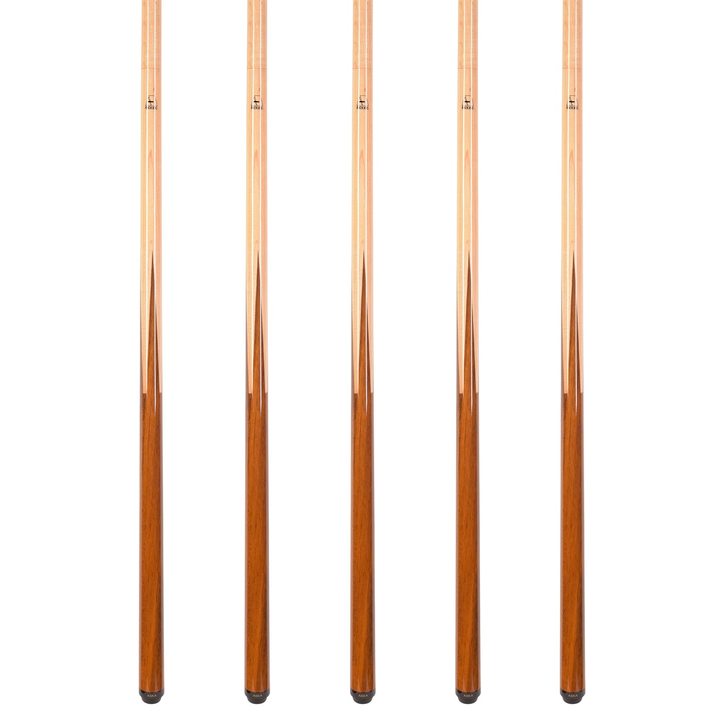 Set of 5 Aska SP1 Malaswood Sneaky Pete Billiard Pool Cue Sticks, 58" Hard Rock Canadian Maple, 13mm Hard Le Pro Tip, 2-Piece Construction. SP1S5