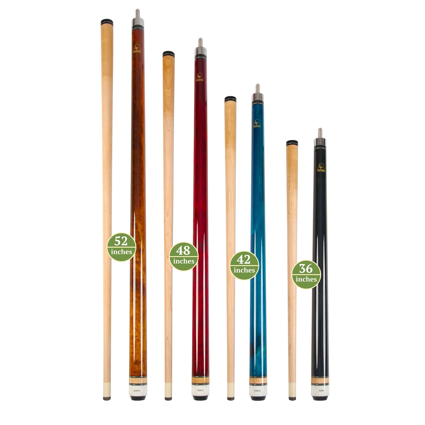 Aska Set of 4 Short Kids Pool Cue Sticks LCSN, Stained Maple, Canadian Hardrock Maple Shaft, 13mm Tip, Mixed Lengths 36",42",48",52", LCSN4