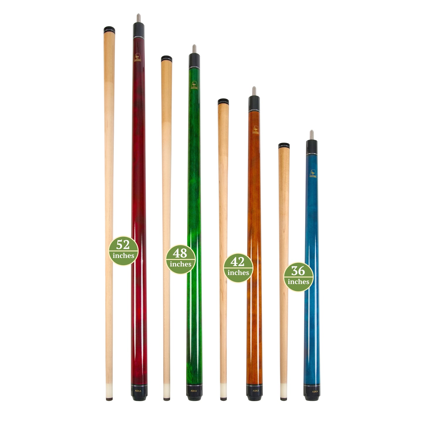 Set of Aska Mixed Length Cues LS, Canadian Hard Rock Maple Billiard Pool Cue Sticks, Short, Kids Cues, LS4N