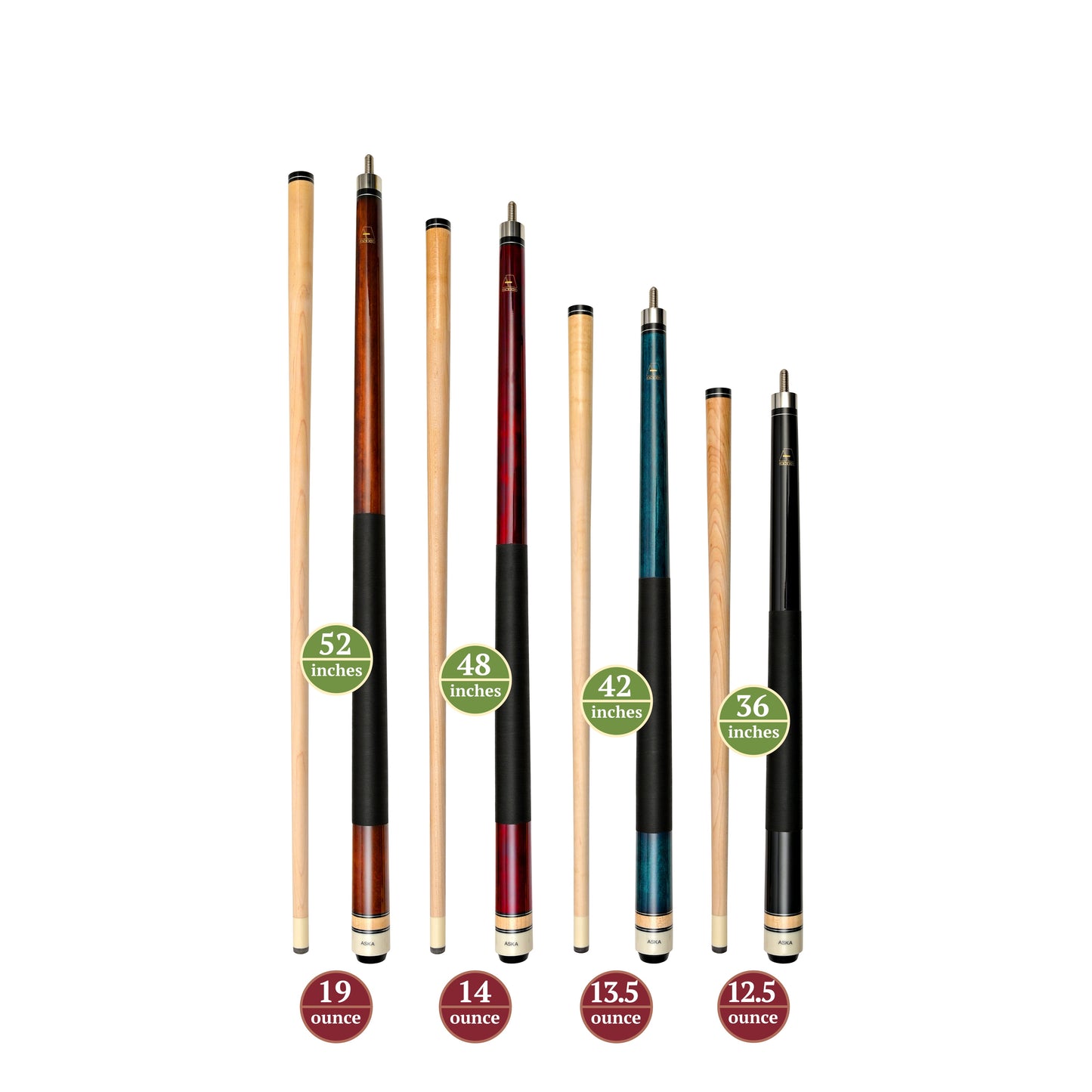 Aska Set of 4 Short Kids Pool Cue Sticks LCS, Stained Maple, Canadian Hardrock Maple Shaft, 13mm Tip, Mixed Lengths 36",42",48",52", LCS4