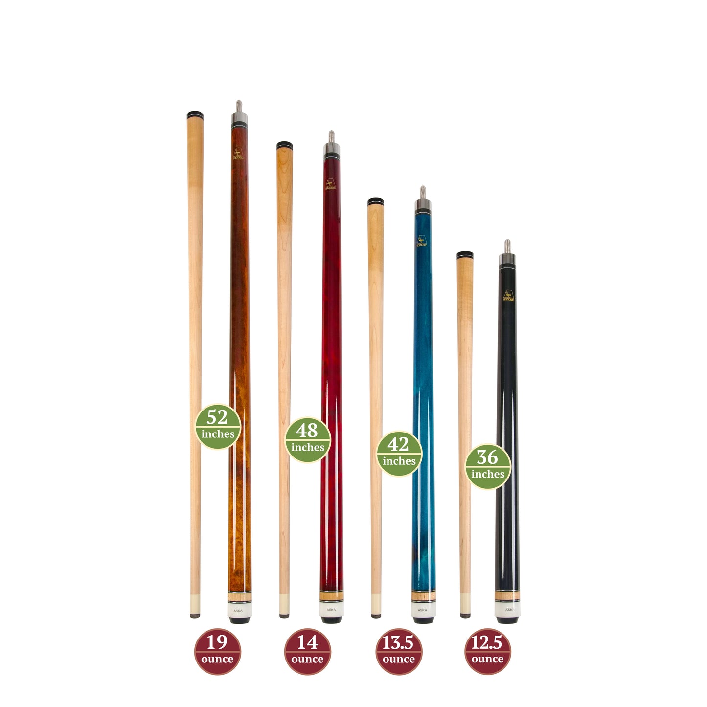 Aska Set of 4 Short Kids Pool Cue Sticks LCSN, Stained Maple, Canadian Hardrock Maple Shaft, 13mm Tip, Mixed Lengths 36",42",48",52", LCSN4