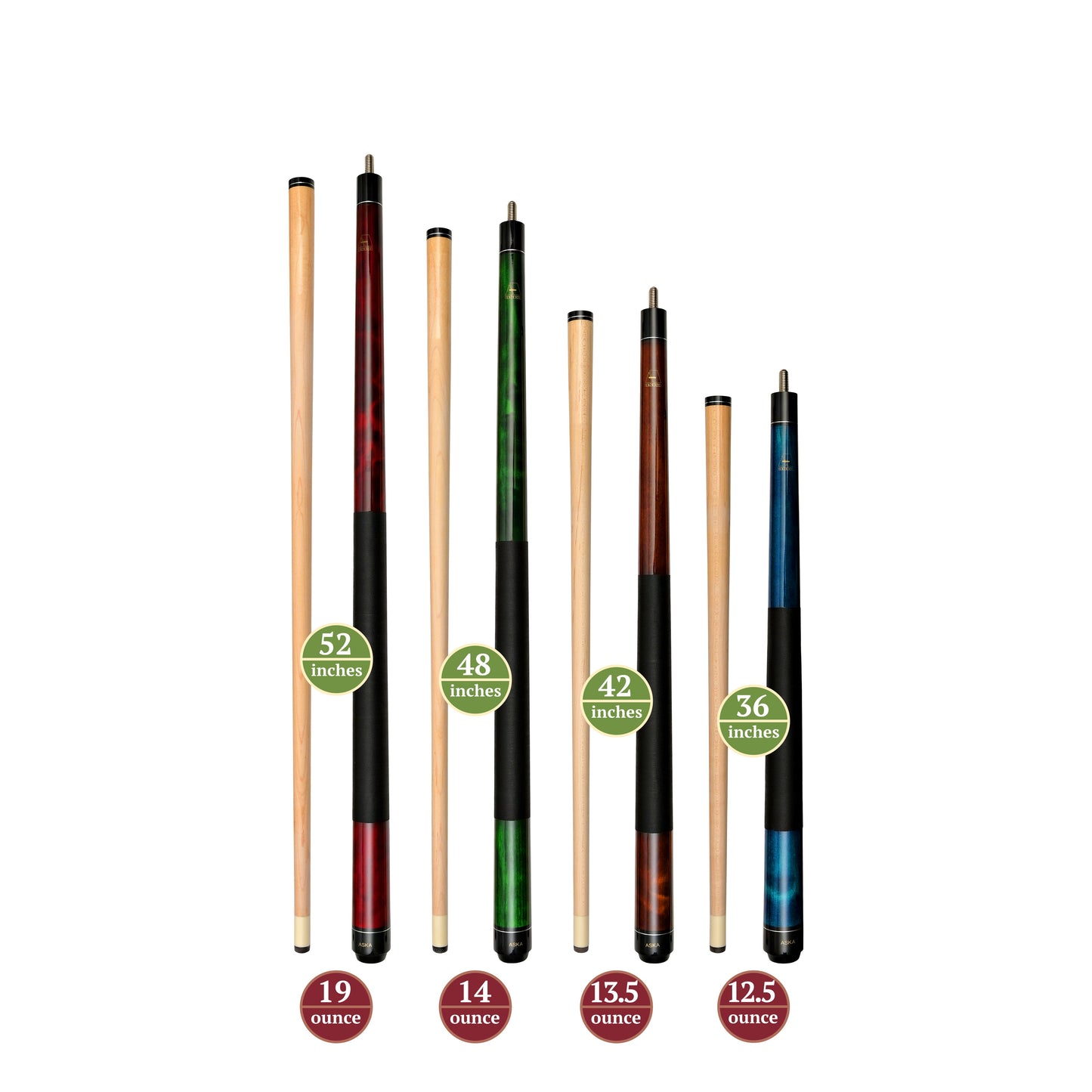 Set of Aska Mixed Length Cues LS, Canadian Hard Rock Maple Billiard Pool Cue Sticks, Short, Kids Cues, LS4