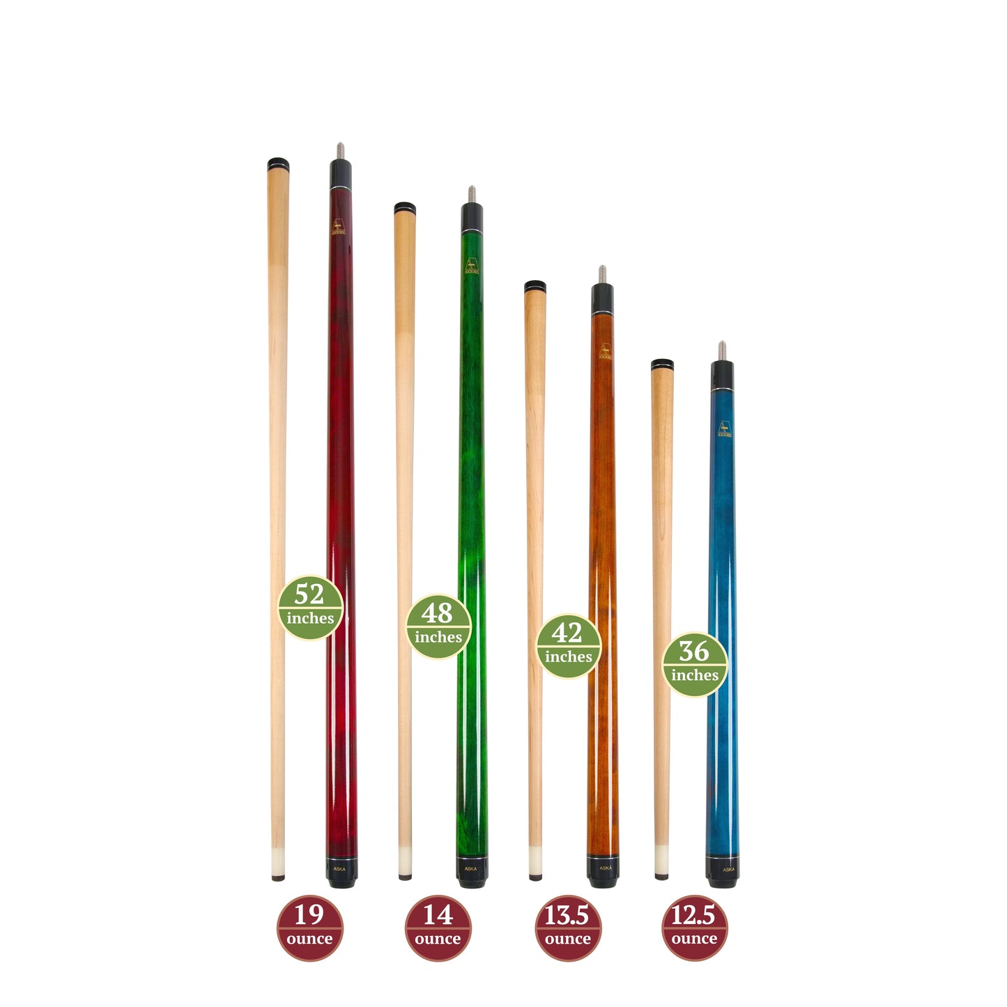 Set of Aska Mixed Length Cues LS, Canadian Hard Rock Maple Billiard Pool Cue Sticks, Short, Kids Cues, LS4N