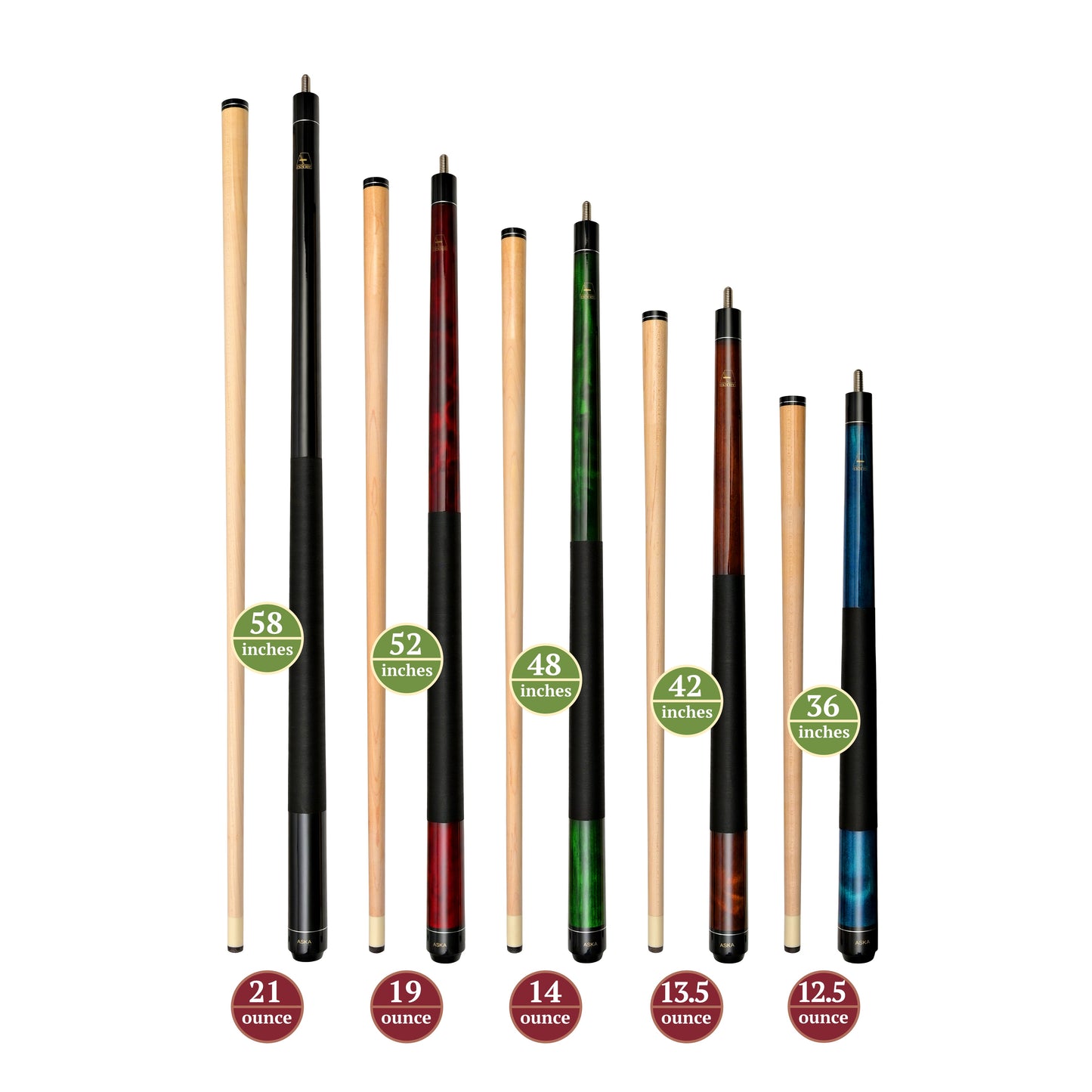 Set of 5 Aska Mixed Length Cues LS, Canadian Hard Rock Maple Billiard Pool Cue Sticks, Short, Kids Cues, LS5