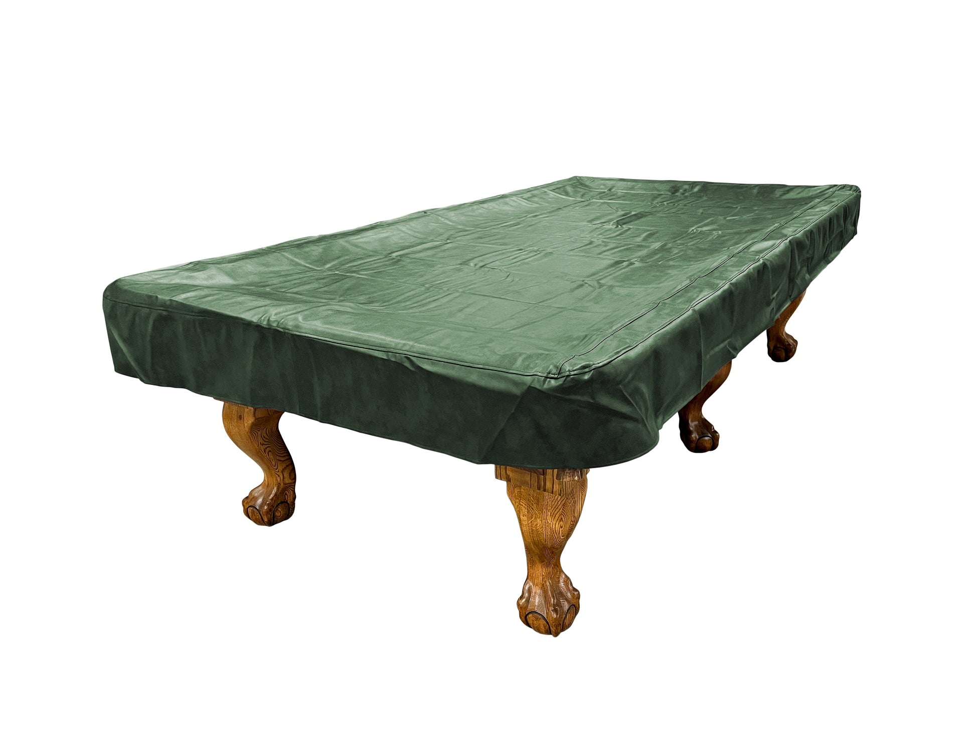 ASKA 8-Foot heavy duty green PVC billiard table cover on table. TCH8GRN