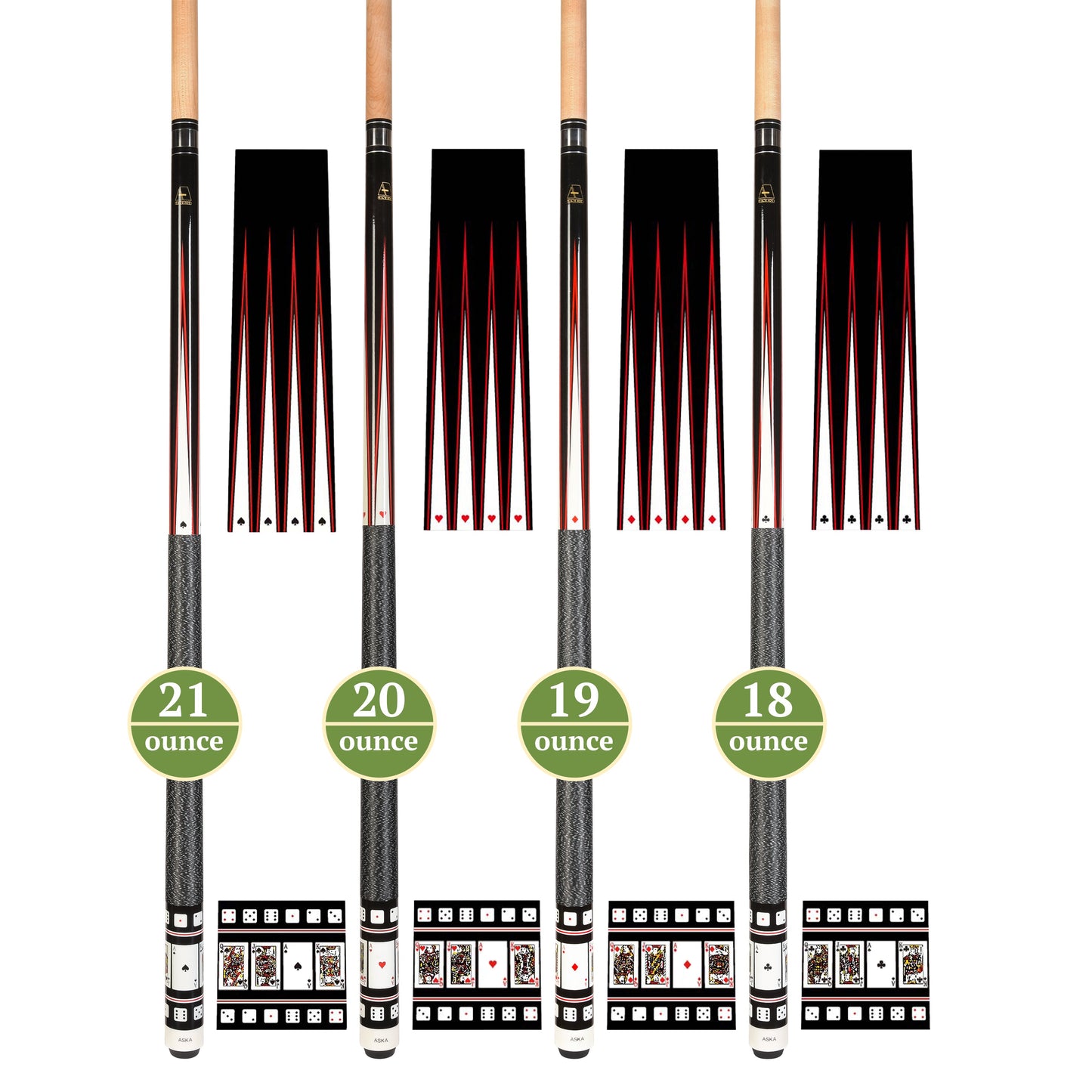 Set of 4 Aska Cards and Dice Billiard Pool Cues, 58" Hard Rock Canadian Maple, 13mm Hard Tip, Mixed Weights, CDS4