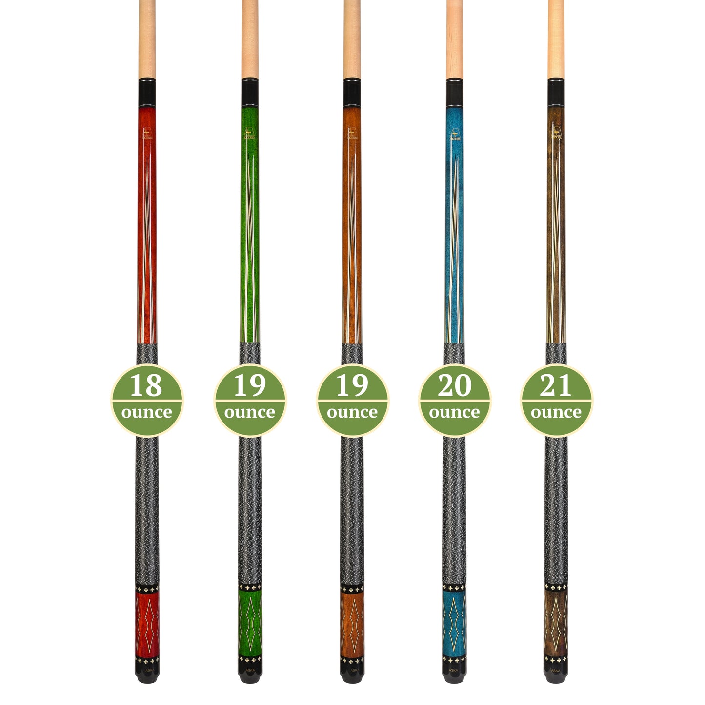 ASKA Set of 5 Pool Cue Sticks 58", Hard Rock Canadian Maple, 13mm Hard Glued On Tip, Mixed Weights and Colors, L22S5