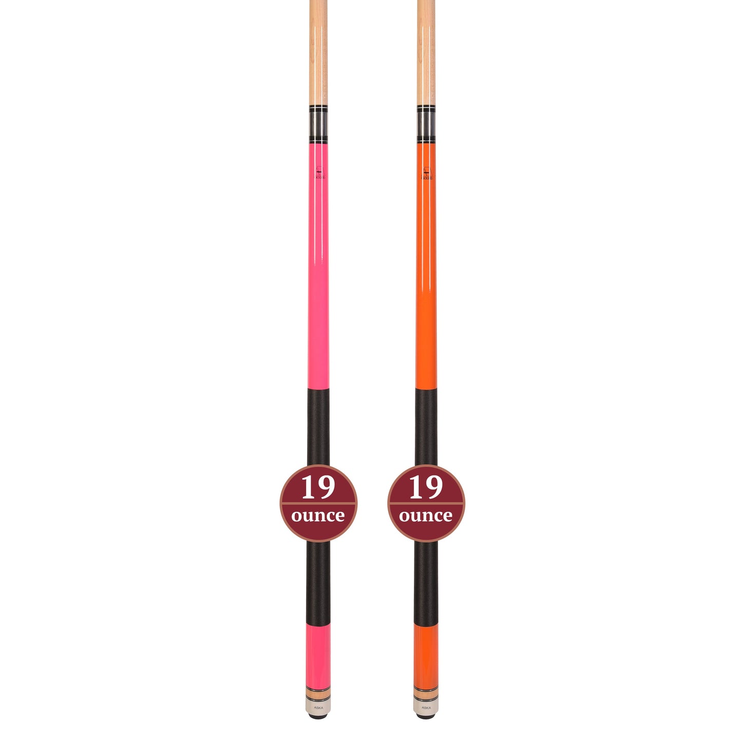 Set of 2 Aska L2 Billiard Pool Cues Pink and Orange, 58" Hard Rock Canadian Maple, 13mm Hard Leather Tip, L2S2PNKORG