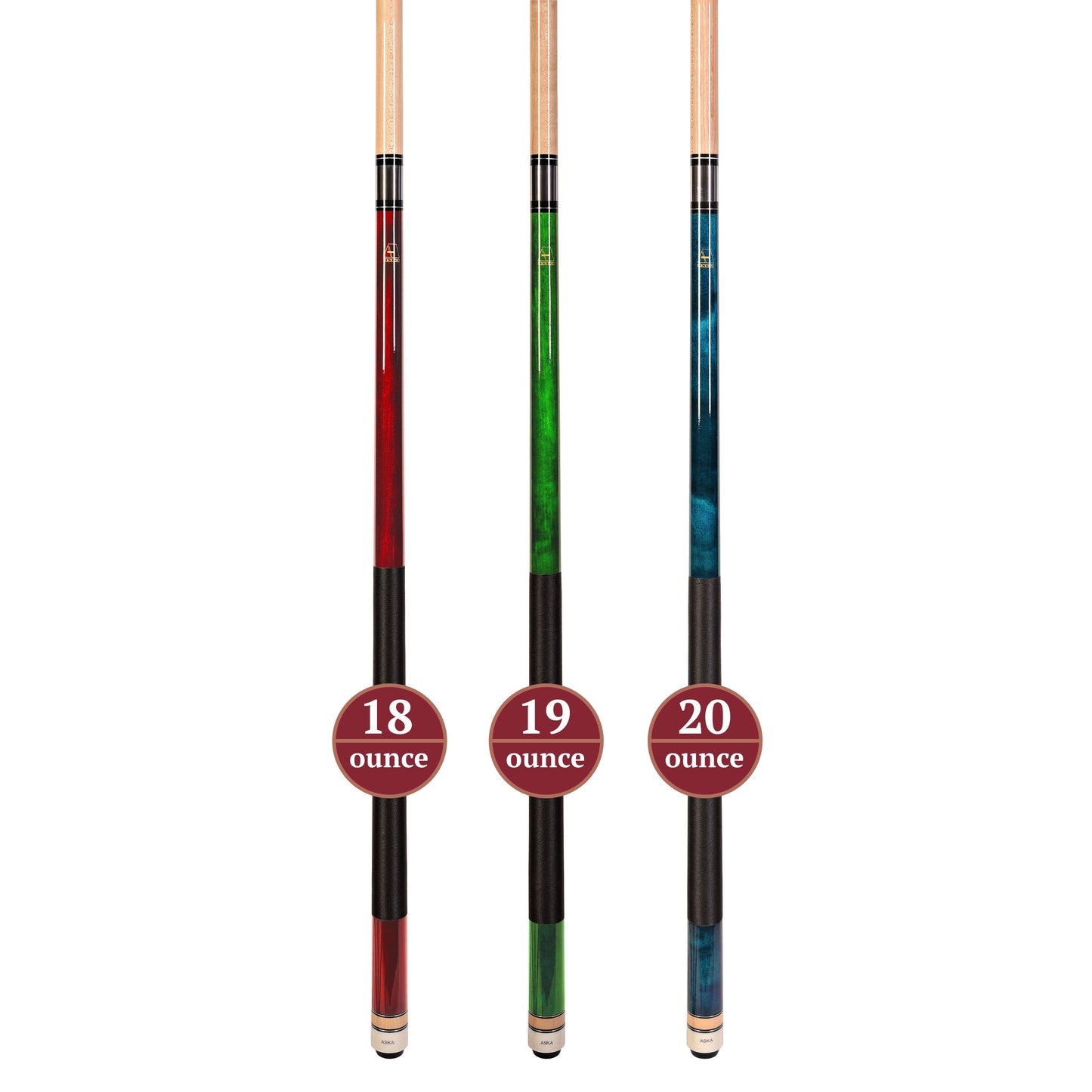 Set of 3 Aska L2 Billiard Pool Cues, 58" Hard Rock Canadian Maple, 13mm Leather Tip, Mixed Weights, L2S3
