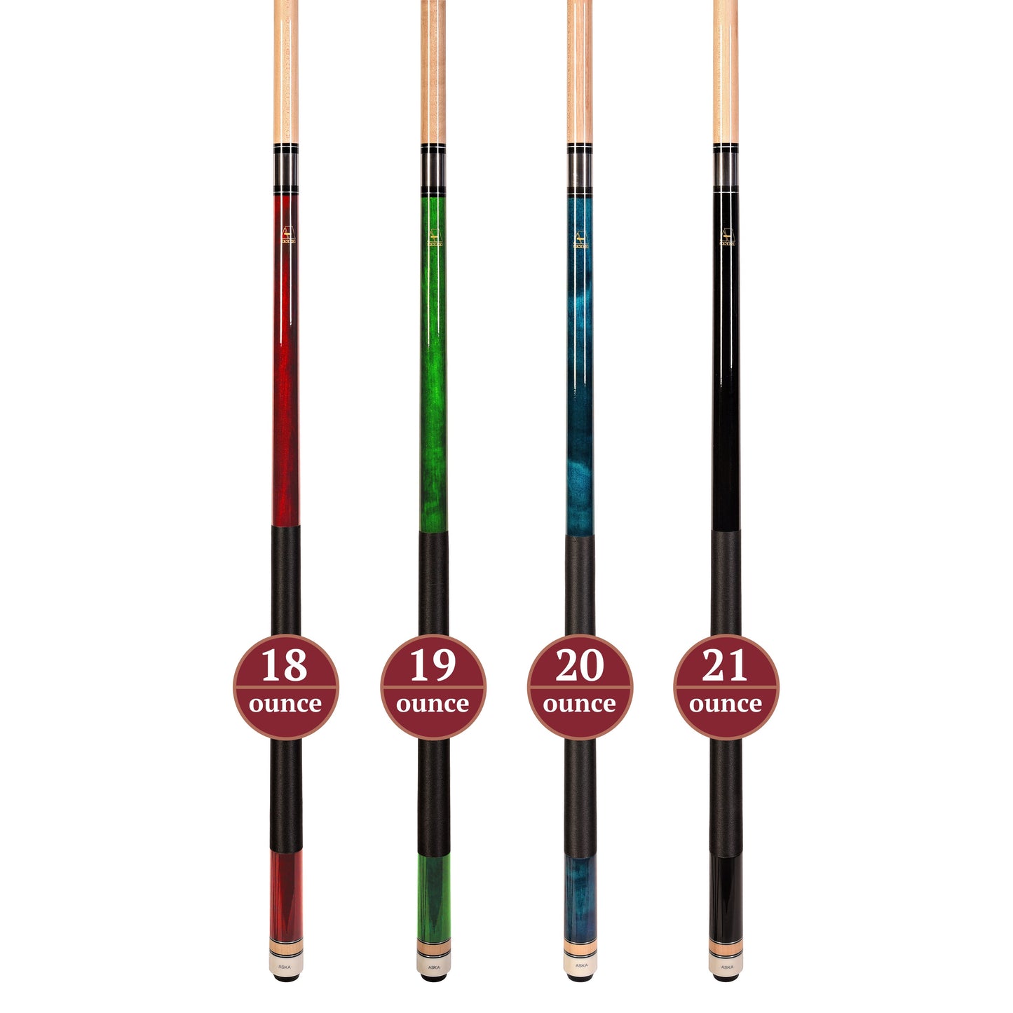 ASKA L2 Pool Cue Set of 4 | 58" Hard Rock Maple Billiard Sticks, 13mm Leather Tip, Mixed Weights 18-21 oz