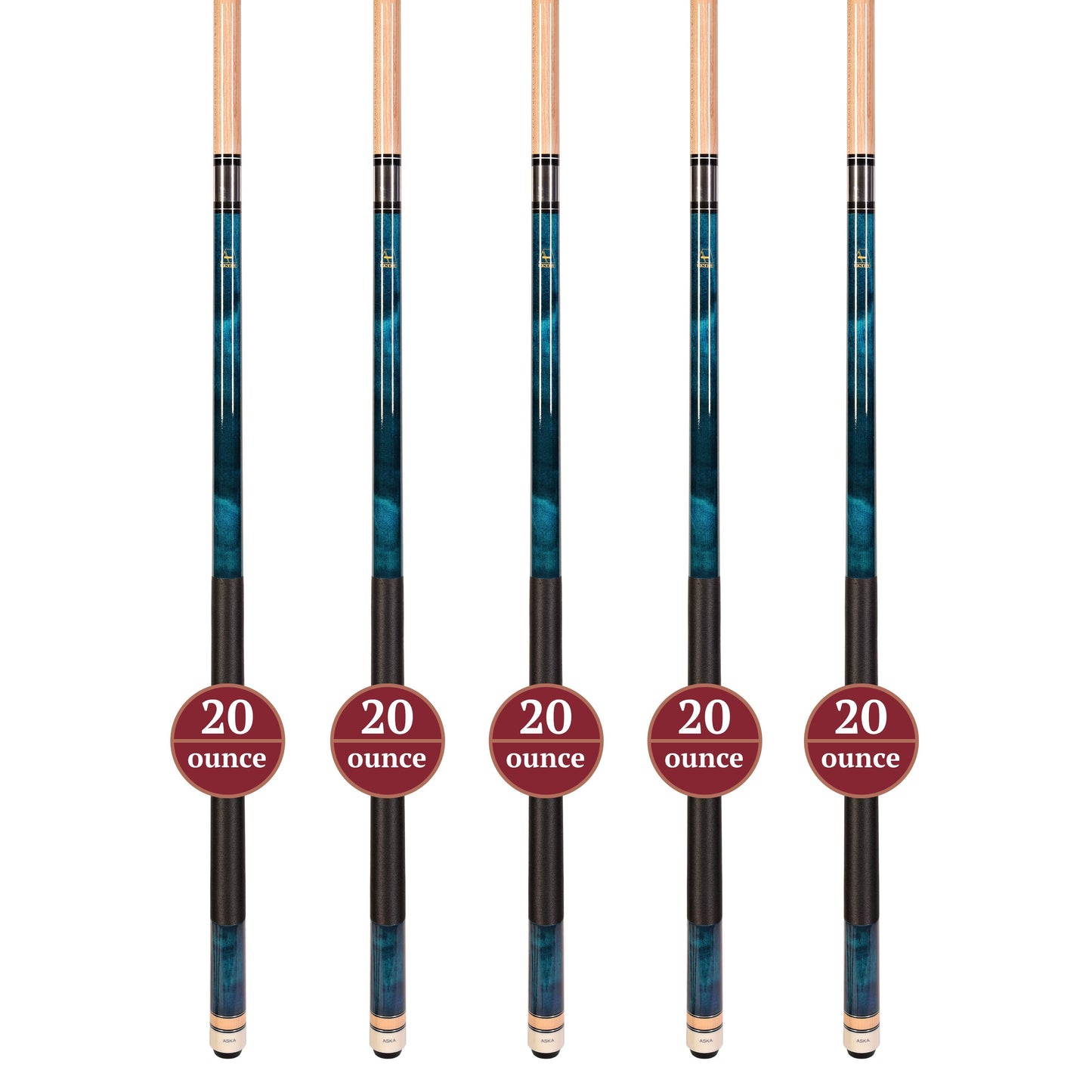 Set of 5 BLUE Aska L2 Billiard Pool Cues, 58" Hard Rock Canadian Maple, 13mm Hard Tip, Mixed Weights, L2S5BLU