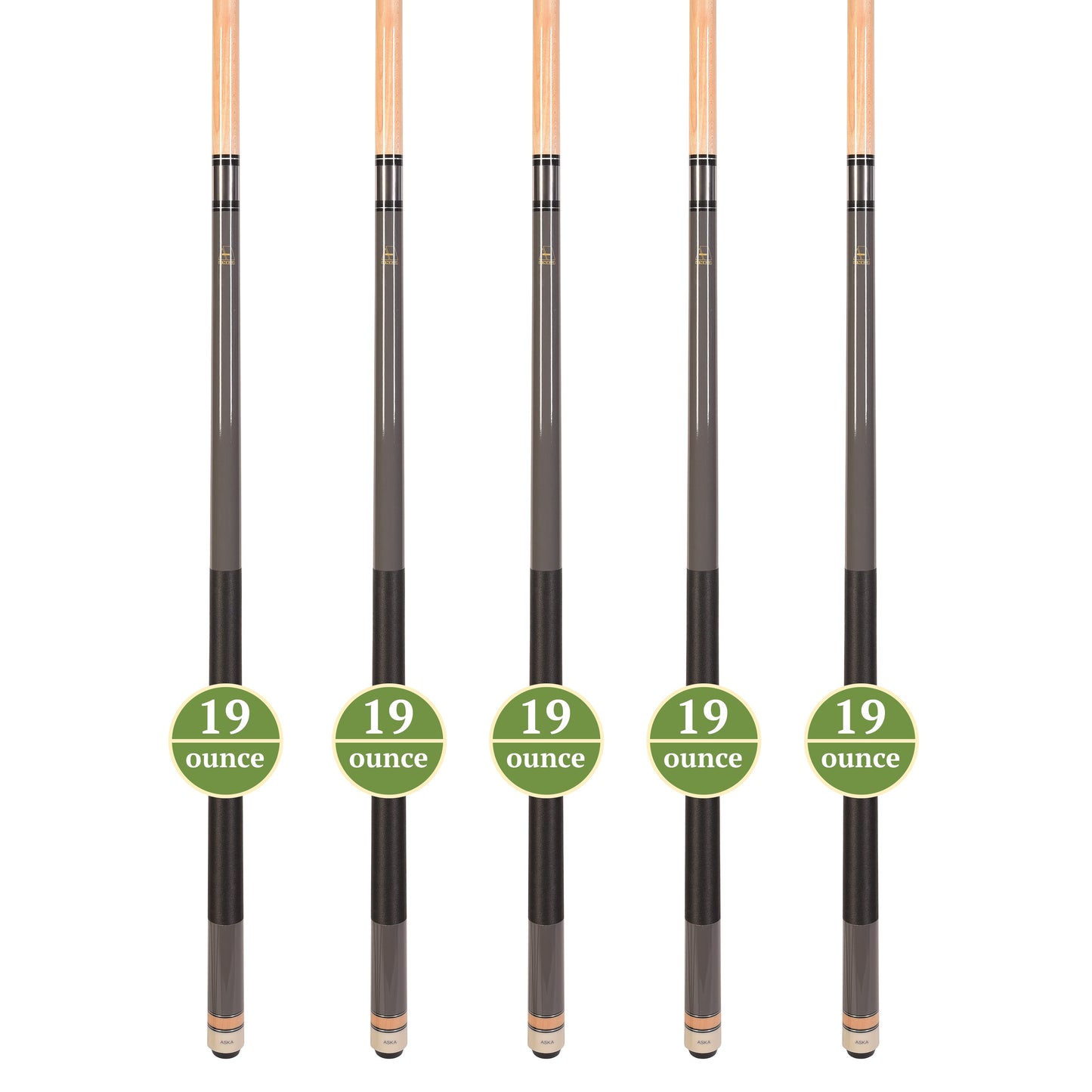 Set of 5 Grey Aska L2 Billiard Pool Cues, 58" Hard Rock Canadian Maple, 13mm Hard Tip, Mixed Weights, L2S5GRY