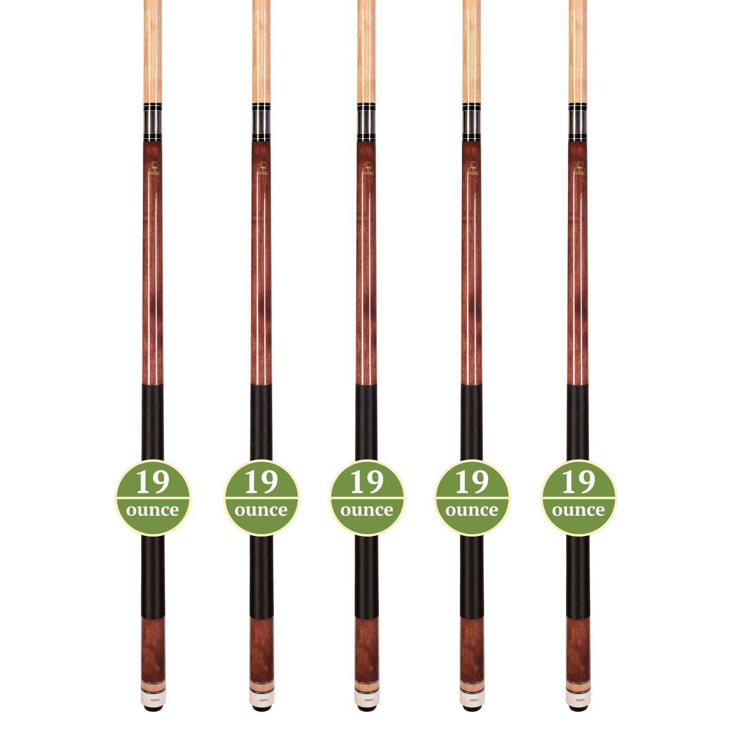 Set of 5 Mahagony Aska L2 Billiard Pool Cues, 58" Hard Rock Canadian Maple, 13mm Hard Tip, Mixed Weights, L2S5MAH
