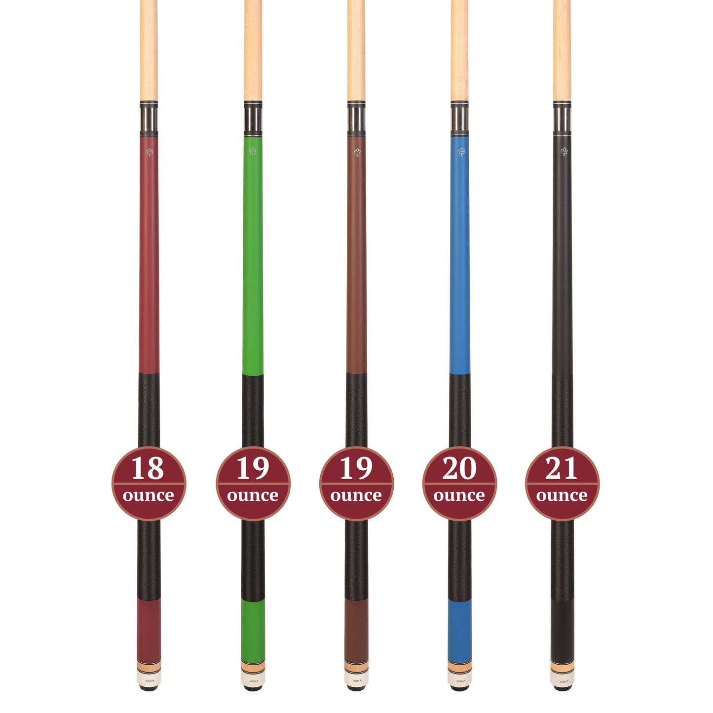 Set of 5 Aska Matte L2 Billiard Pool Cues, 58" Hard Rock Canadian Maple, 13mm Hard Tip, Mixed Weights, L2S5M
