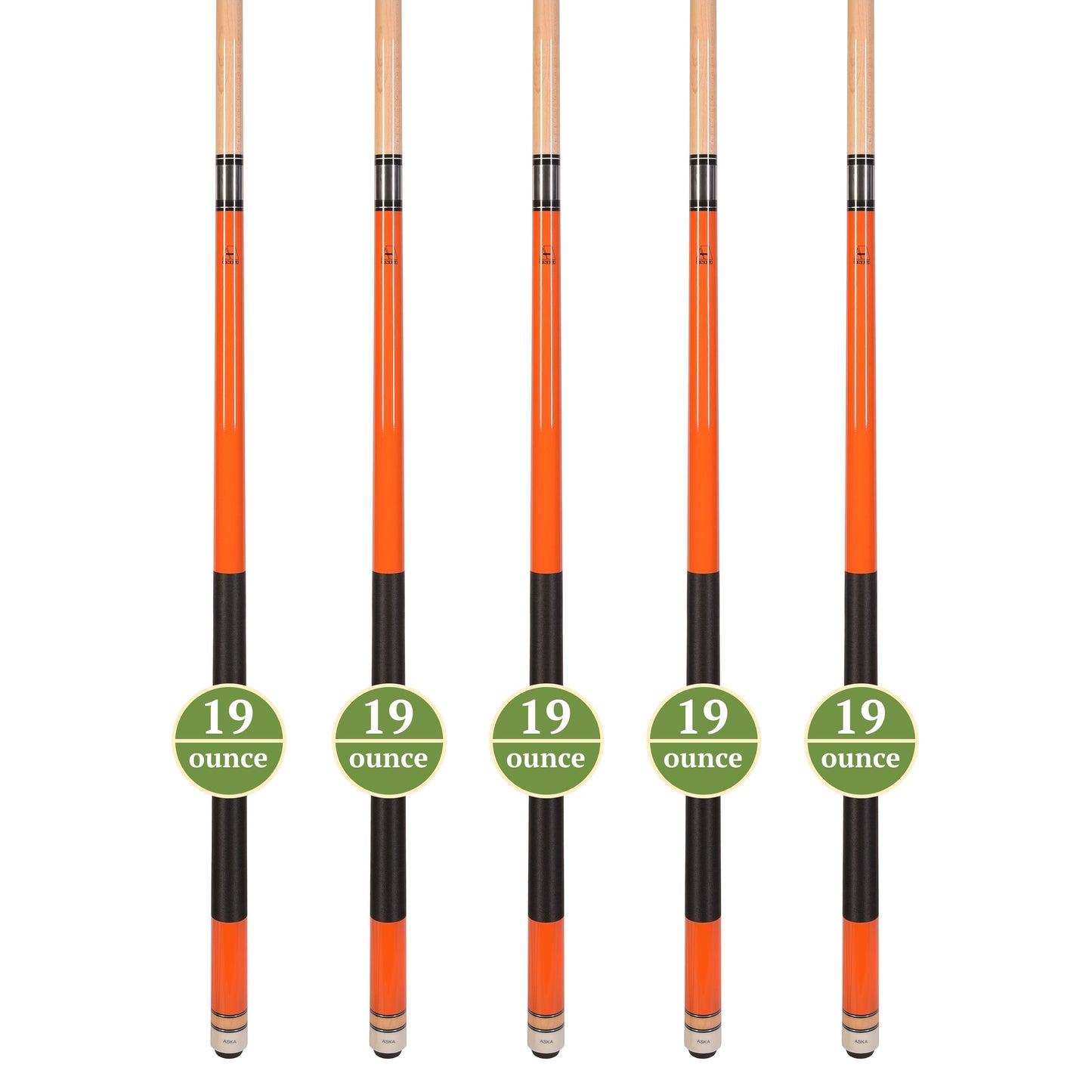 Set of 5 Orange Aska L2 Billiard Pool Cues, 58" Hard Rock Canadian Maple, 13mm Hard Tip, Mixed Weights, L2S5ORG