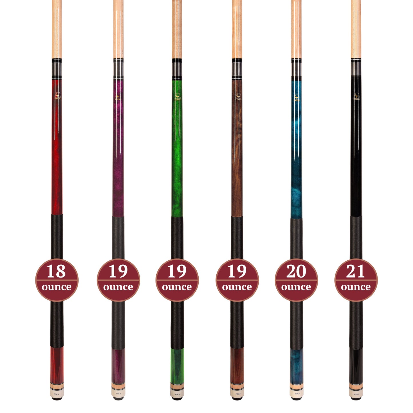 Set of 6 Aska L2 Billiard Pool Cues, 58" Hard Rock Canadian Maple, 13mm Hard Tip, Mixed Weights, L2S6