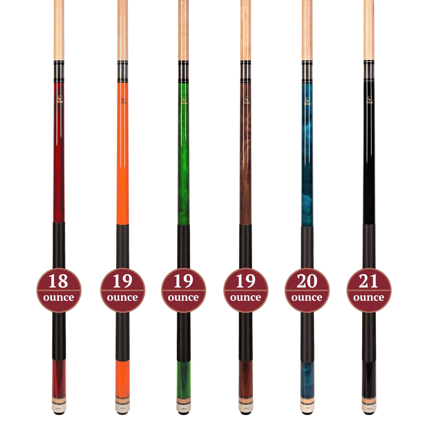 Set of 6 Aska L2 Billiard Pool Cues, 58" Hard Rock Canadian Maple, 13mm Hard Tip, Mixed Weights, L2S6ORG