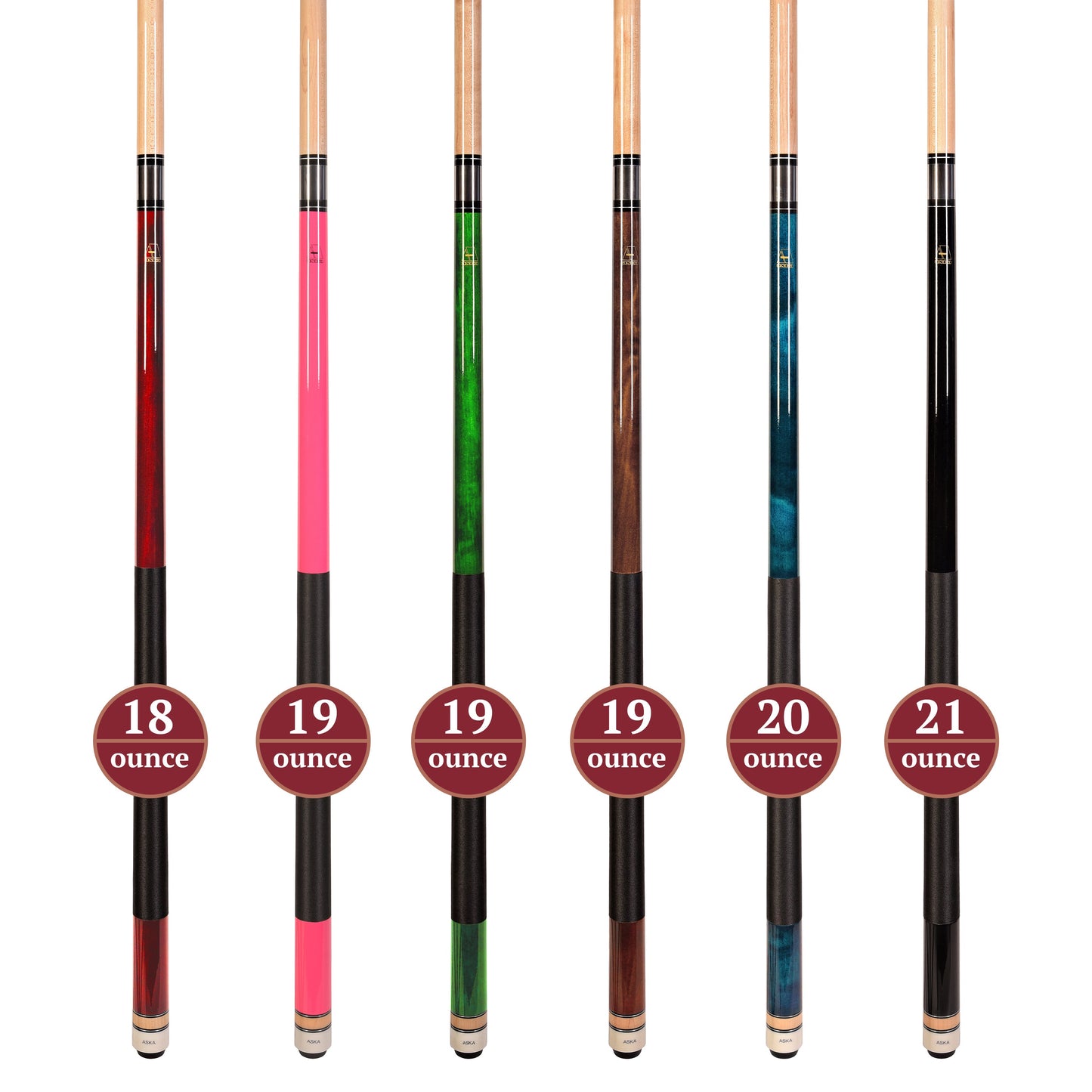 Set of 6 Aska L2 Billiard Pool Cues, 58" Hard Rock Canadian Maple, 13mm Hard Tip, Mixed Weights, L2S6PNK