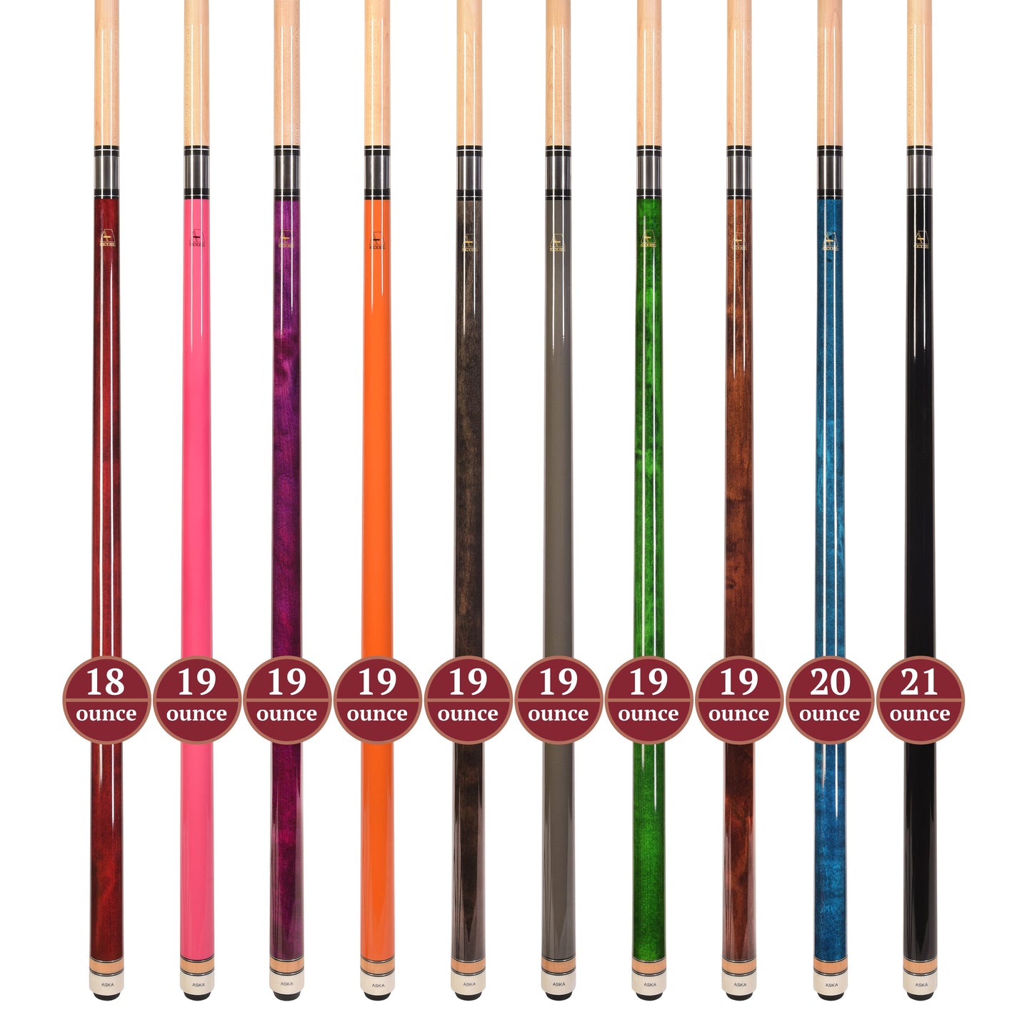 Set of 10 Aska L3 Pool Cue Sticks, 58", 13mm Tip, Hard Rock Canadian Maple Shaft, Wrapless, L3S10