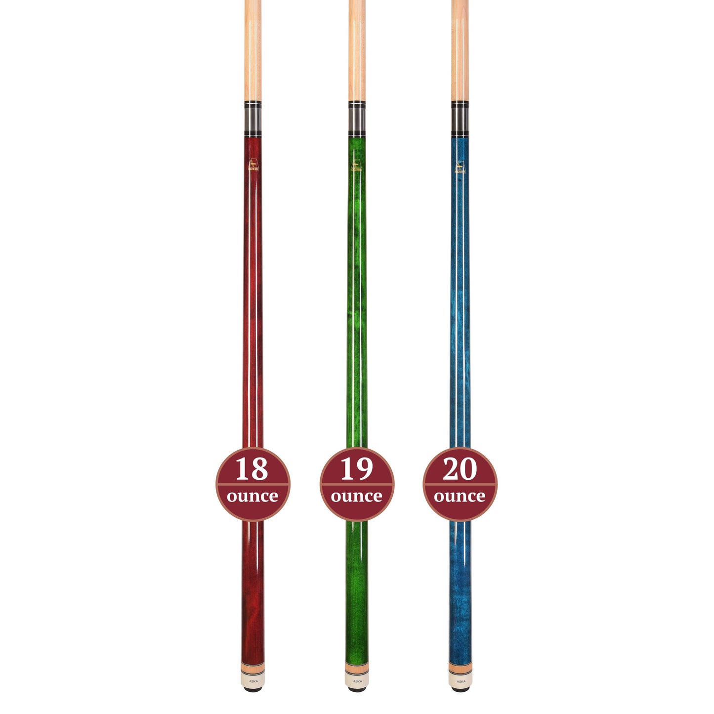 Set of 3 Aska L3 Pool Cue Sticks, 58", 13mm Tip, Hard Rock Canadian Maple Shaft, Wrapless, L3S3