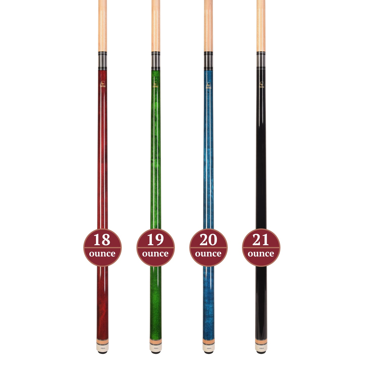 Set of 4 Aska L3 Pool Cue Sticks, 58", 13mm Tip, Hard Rock Canadian Maple Shaft, Wrapless, L3S4