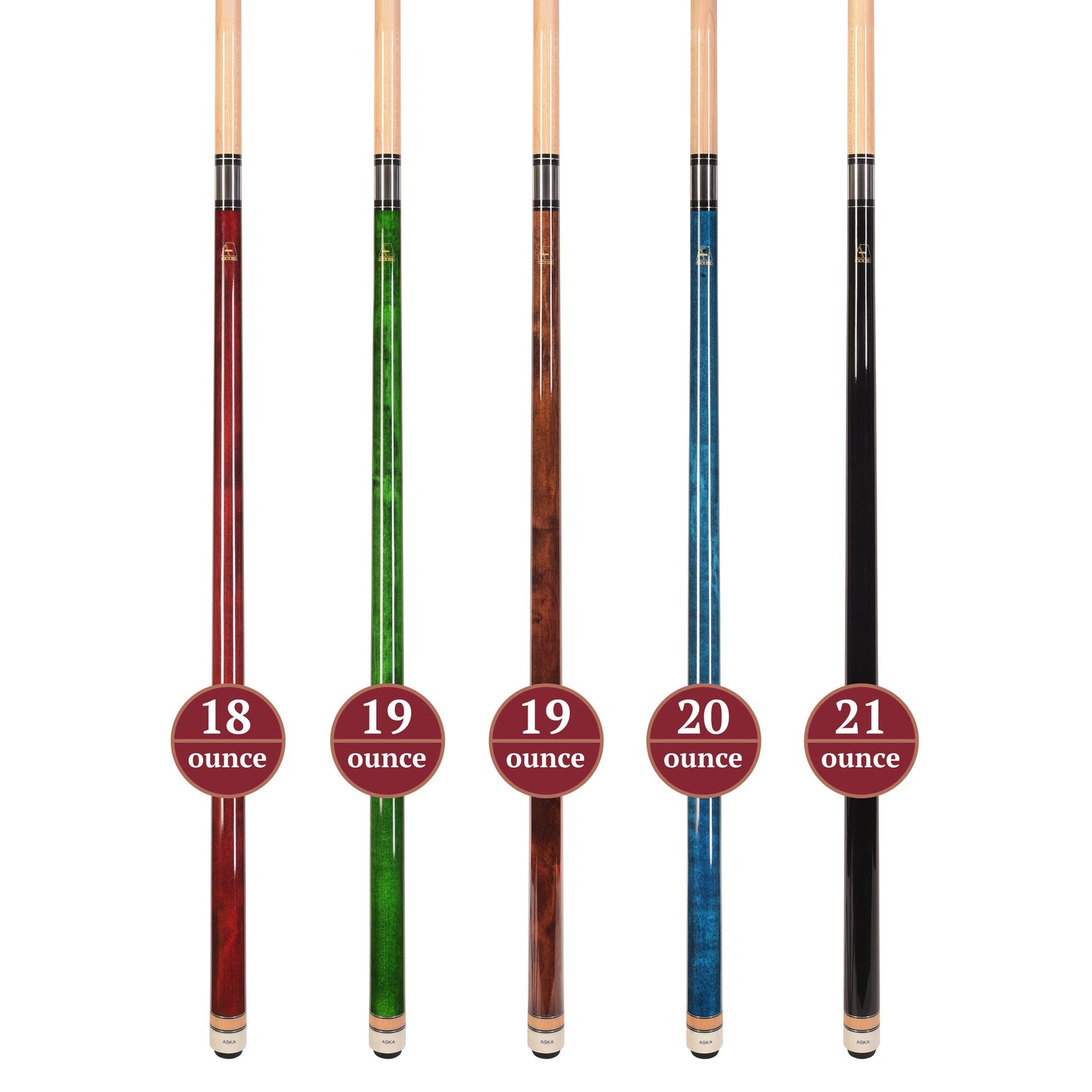 Set of 5 Aska L3 Pool Cue Sticks, 58", 13mm Tip, Hard Rock Canadian Maple Shaft, Wrapless, L3S5