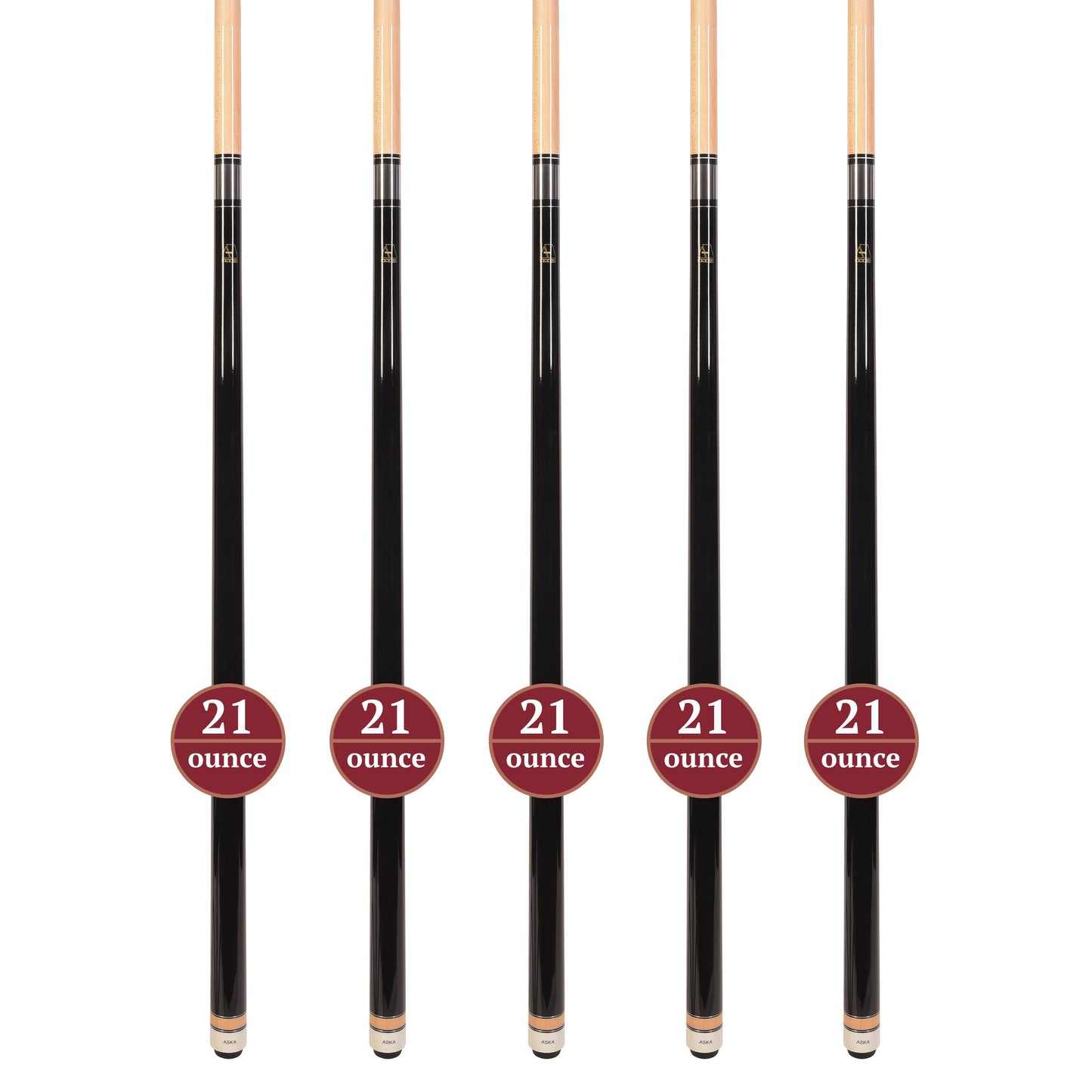 Set of 5 Aska L3 Black Pool Cue Sticks, 58", 13mm Tip, Hard Rock Canadian Maple Shaft, Wrapless, L3S5BLK