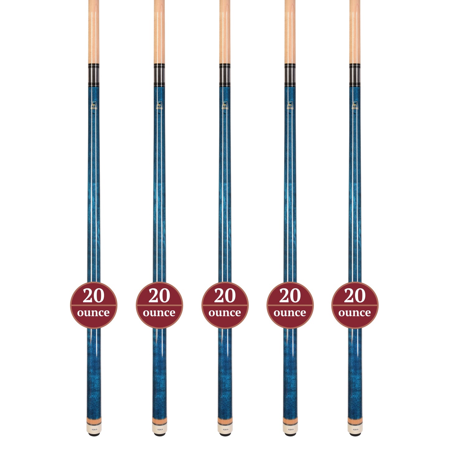 Set of 5 Aska L3 Blue Pool Cue Sticks, 58", 13mm Tip, Hard Rock Canadian Maple Shaft, Wrapless, L3S5BLU