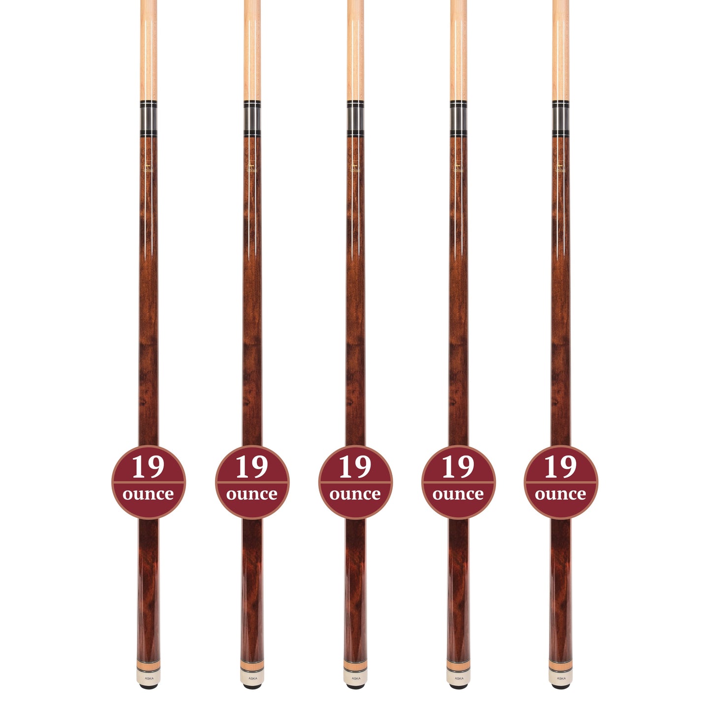 Set of 5 Aska L3 Brown Pool Cue Sticks, 58", 13mm Tip, Hard Rock Canadian Maple Shaft, Wrapless, L3S5BRN