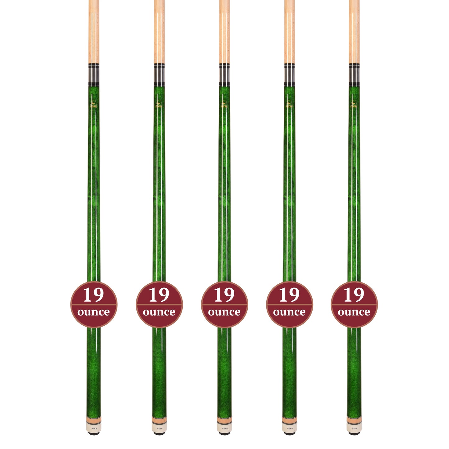 Set of 5 Aska L3 Green Pool Cue Sticks, 58", 13mm Tip, Hard Rock Canadian Maple Shaft, Wrapless, L3S5GRN