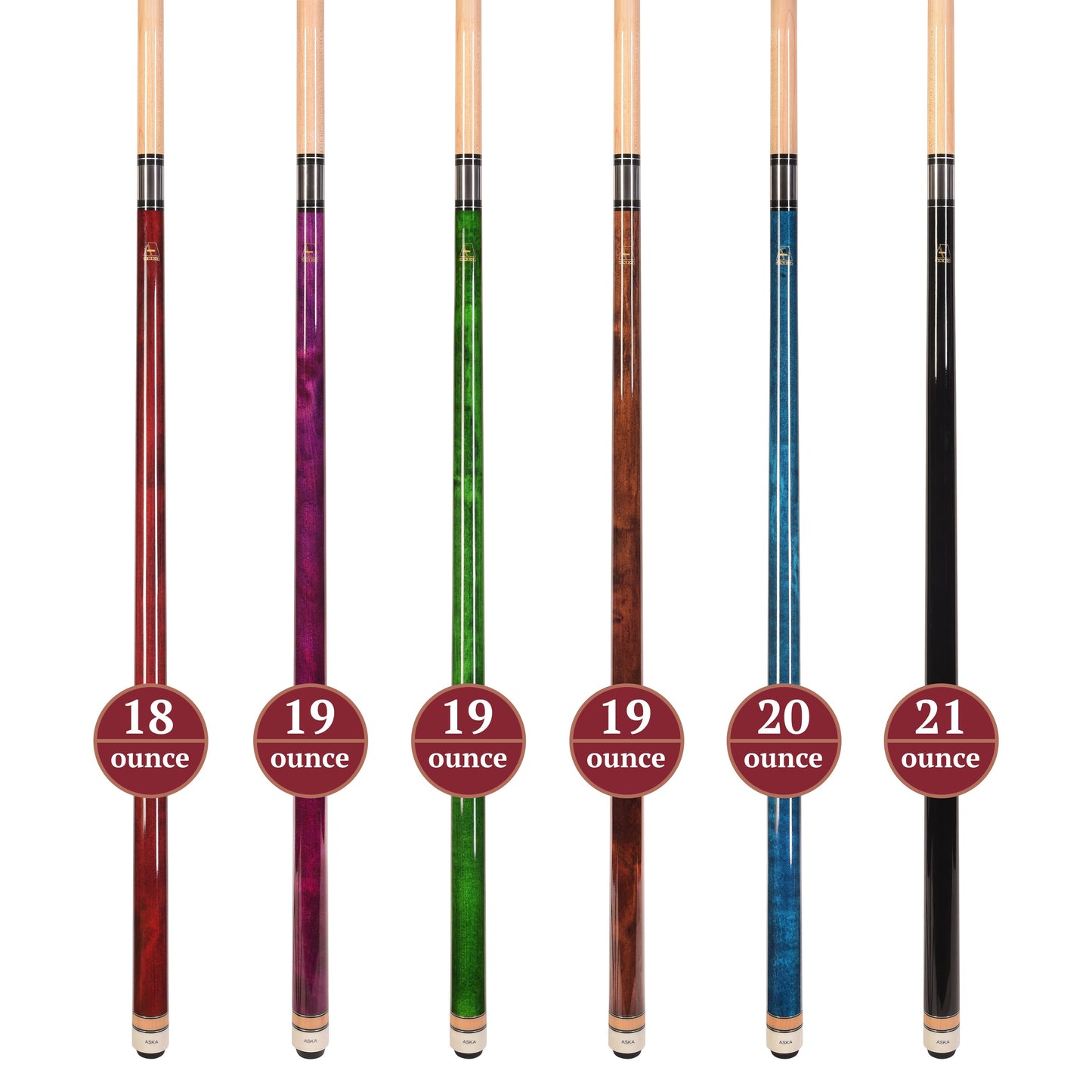 Set of 6 Aska L3 Pool Cue Sticks, 58", 13mm Tip, Hard Rock Canadian Maple Shaft, Wrapless, L3S6