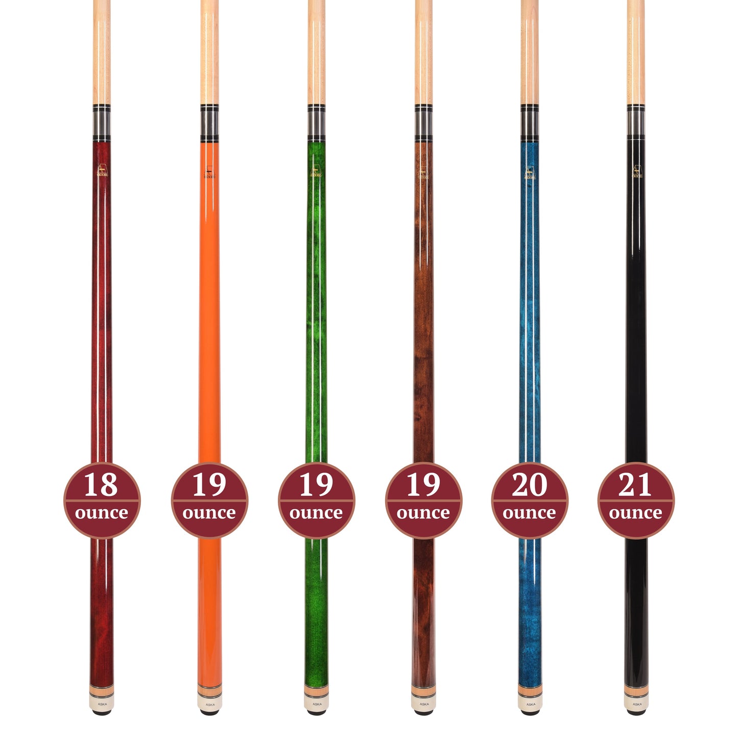 Set of 6 Aska L3 Pool Cue Sticks, 58", 13mm Tip, Hard Rock Canadian Maple Shaft, Wrapless, L3S6ORG