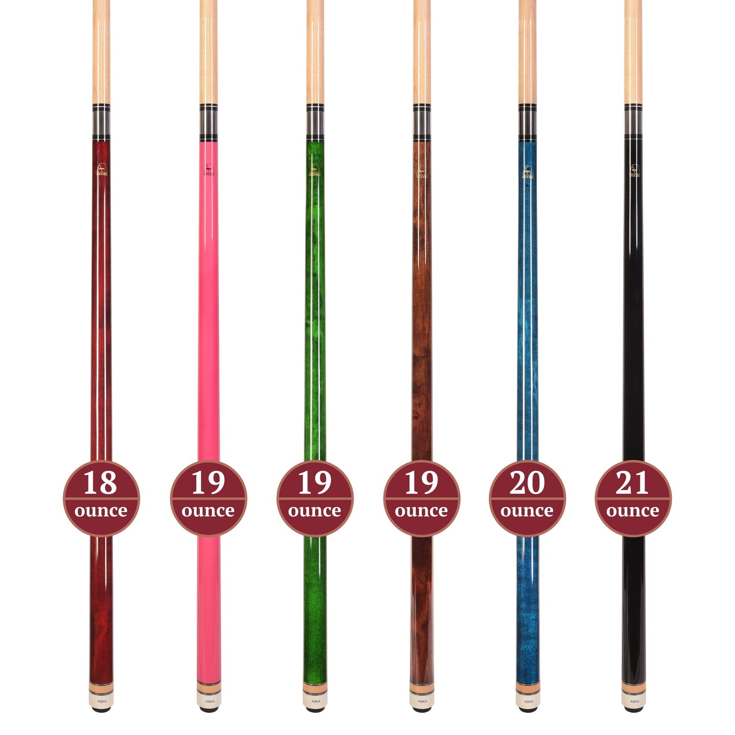Set of 6 Aska L3 Pool Cue Sticks, 58", 13mm Tip, Hard Rock Canadian Maple Shaft, Wrapless, L3S6PNK