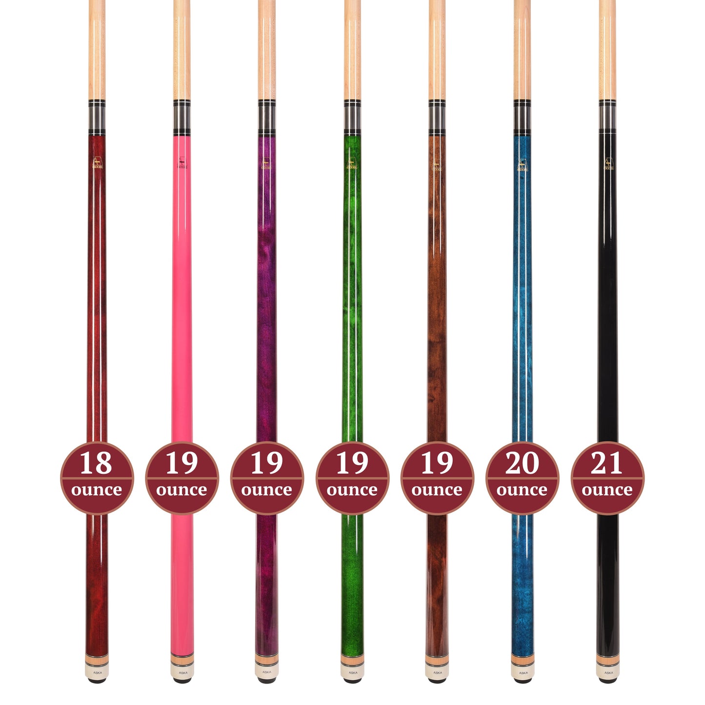 Set of 7 Aska L3 Pool Cue Sticks, 58", 13mm Tip, Hard Rock Canadian Maple Shaft, Wrapless, L3S7