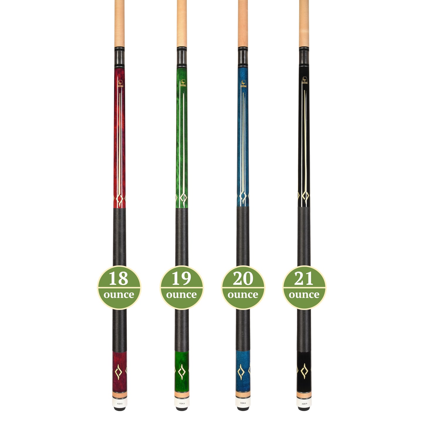 ASKA Set of 4 Pool Cue Sticks 58", 2-Piece Construction, 5/16x18 Joint, Hard Rock Canadian Maple, 13mm Hard Glued On Tip, Mixed Weights and Colors, L7S4