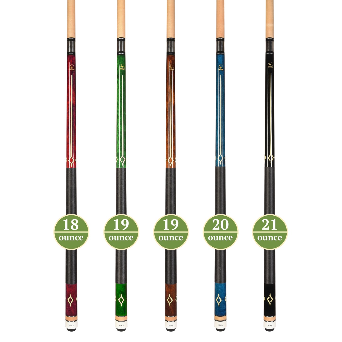 ASKA Set of 5 Pool Cue Sticks 58", 2-Piece Construction, 5/16x18 Joint, Hard Rock Canadian Maple, 13mm Hard Glued On Tip, Mixed Weights and Colors, L7S5