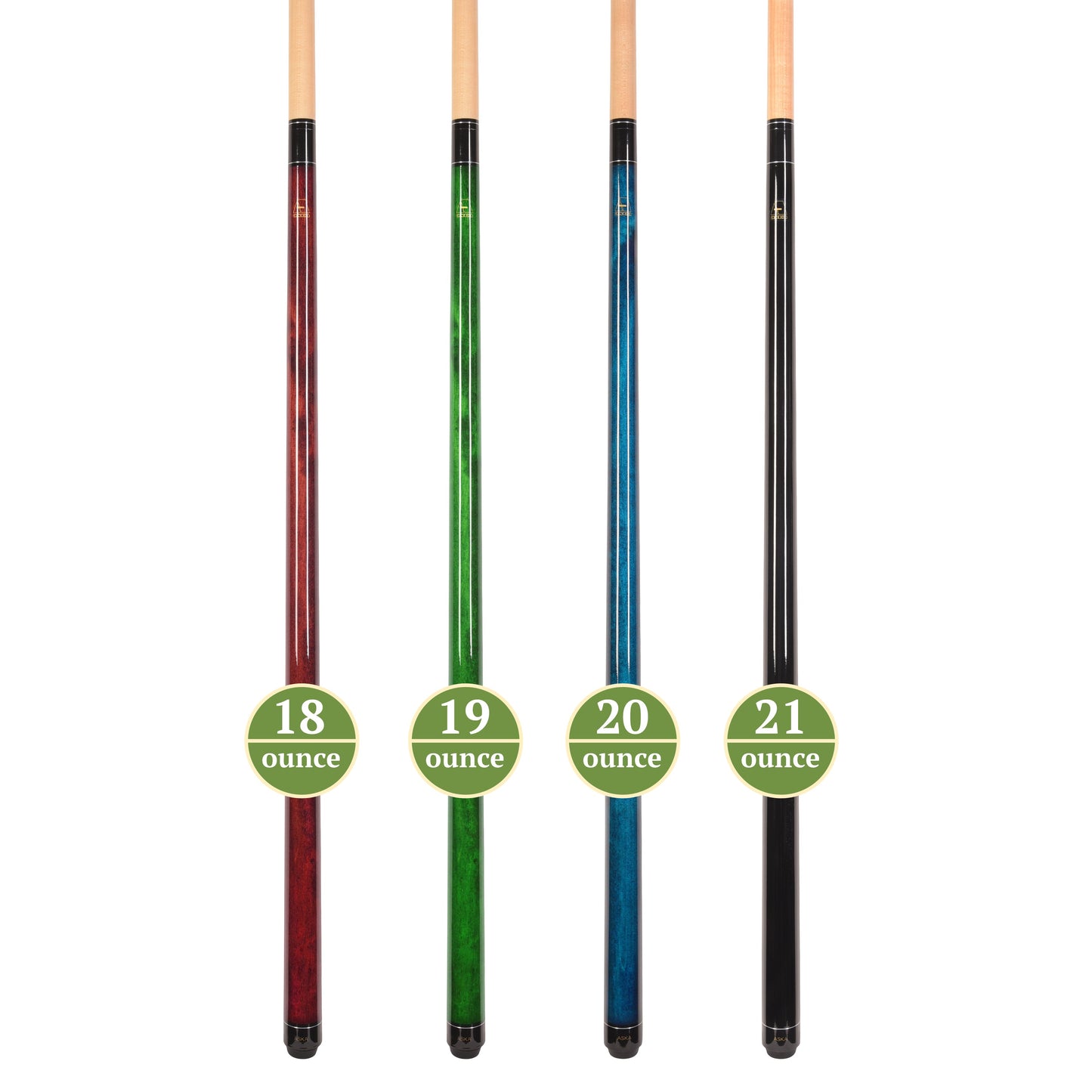 Set of 4 Aska LECN Billiard Pool Cues, 58" Hard Rock Canadian Maple, 13mm Hard Leather Tip, Mixed Weights and Colors, LECN4