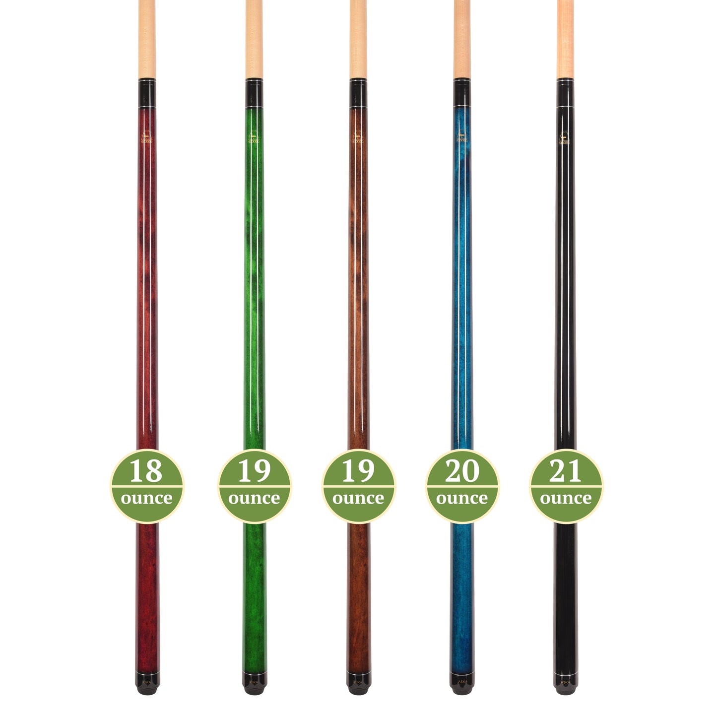 Set of 5 Aska LECN Billiard Pool Cues, 58" Hard Rock Canadian Maple, 13mm Hard Leather Tip, Mixed Weights and Colors, LECN5