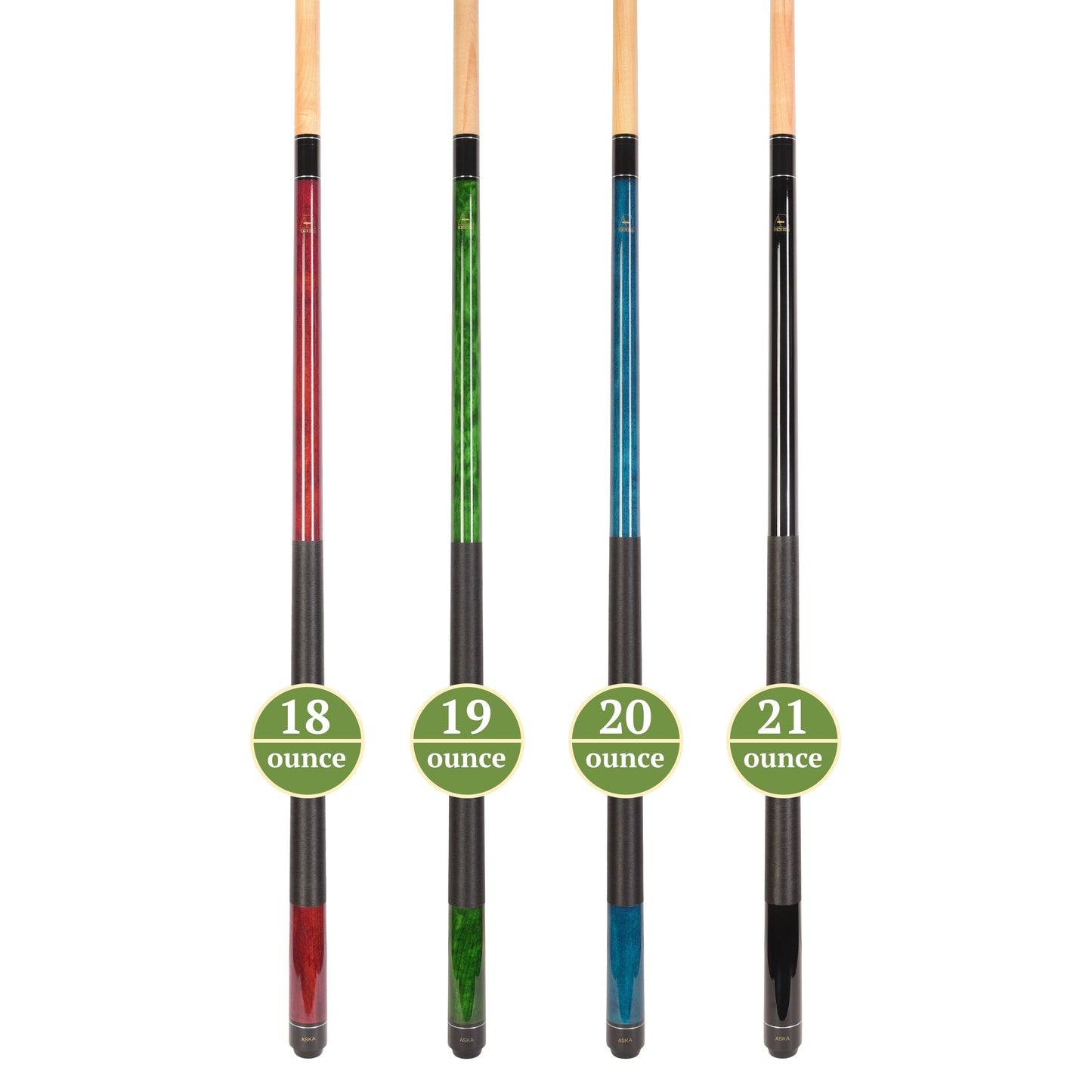 Set of 4 Aska LEC Billiard Pool Cues, 58" Hard Rock Canadian Maple, 13mm Hard Le Pro Tip, Mixed Weights, LEC4