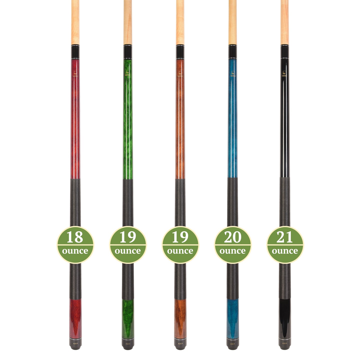 Set of 5 Aska LEC Billiard Pool Cues, 58" Hard Rock Canadian Maple, 13mm Hard Le Pro Tip, Mixed Weights, LEC5