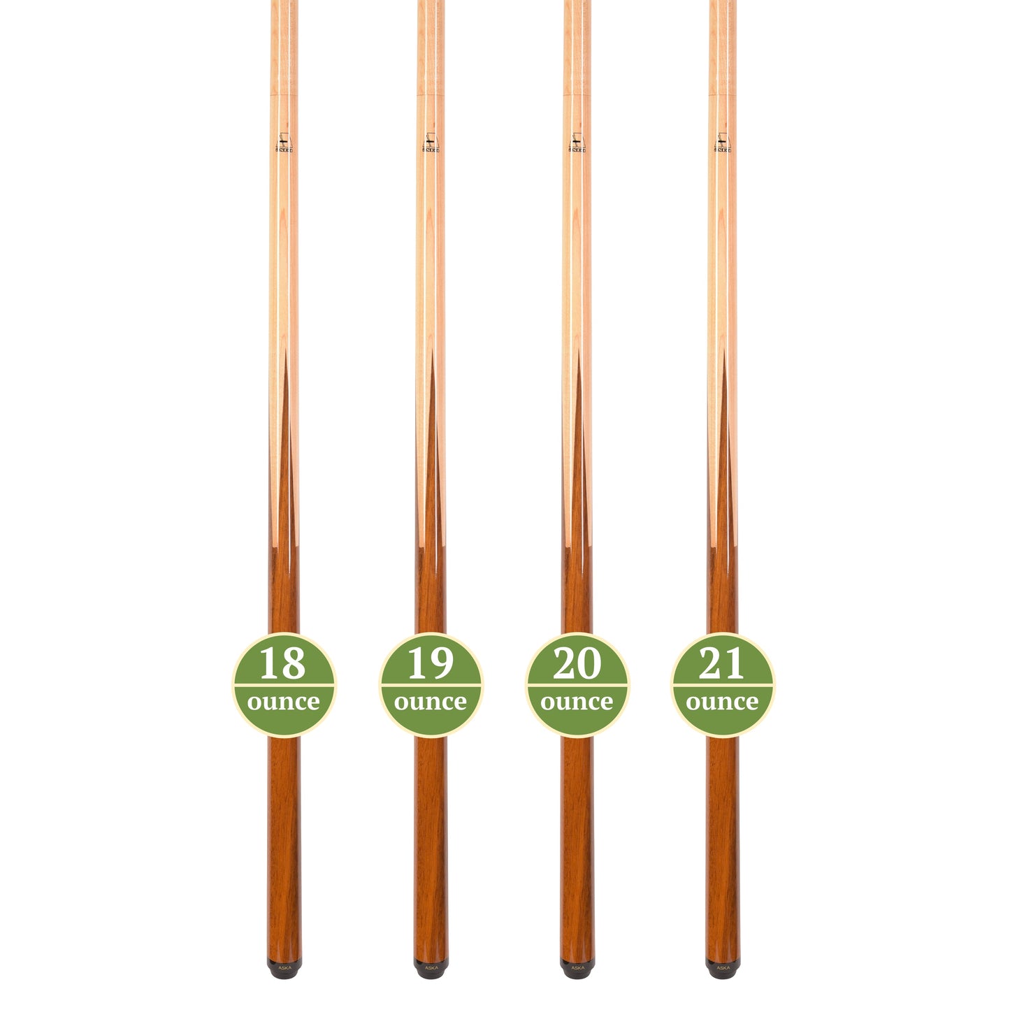 Set of 4 Aska SP1 Malaswood Sneaky Pete Billiard Pool Cue Sticks, 58" Hard Rock Canadian Maple, 13mm Hard Le Pro Tip, 2-Piece Construction. SP1S4