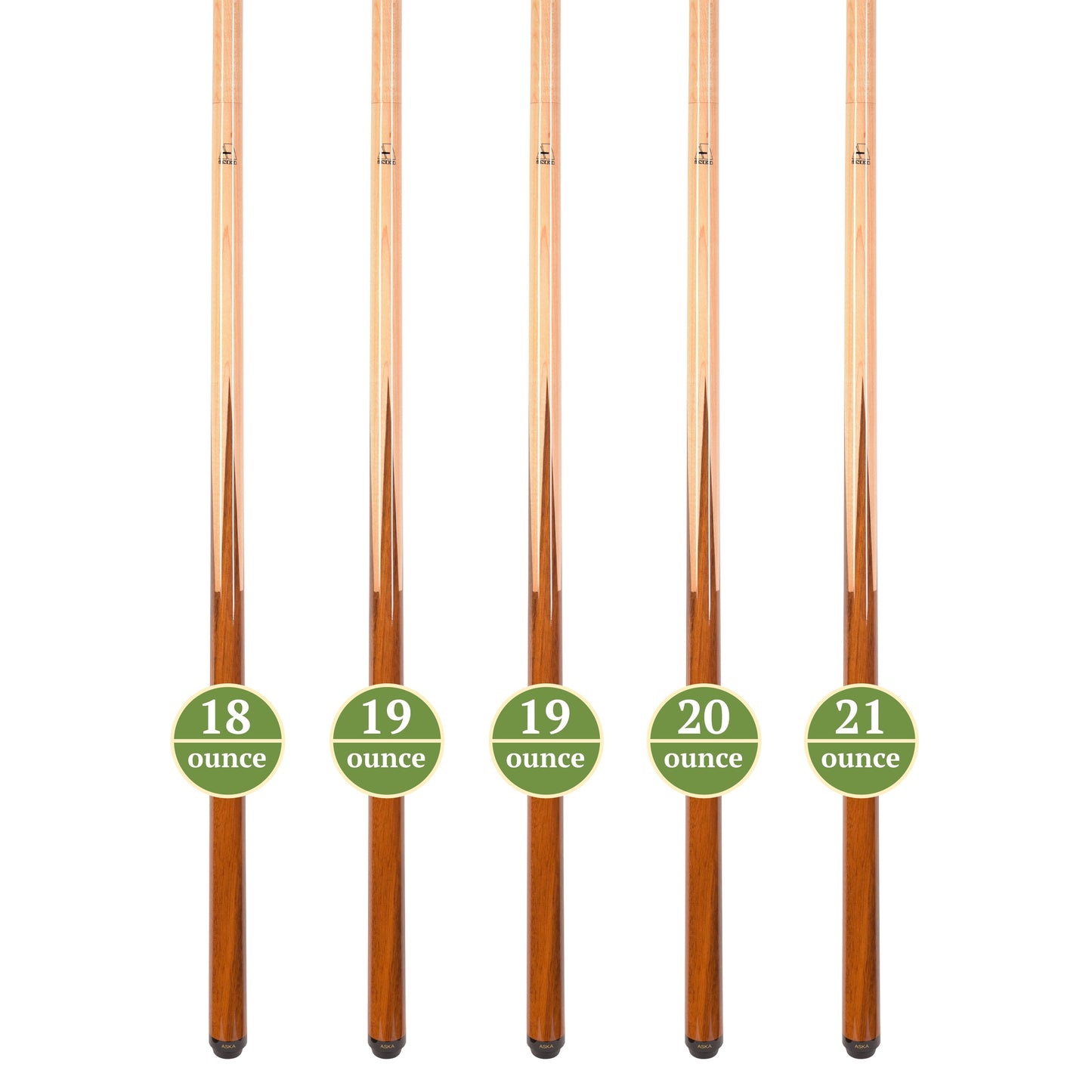 Set of 5 Aska SP1 Malaswood Sneaky Pete Billiard Pool Cue Sticks, 58" Hard Rock Canadian Maple, 13mm Hard Le Pro Tip, 2-Piece Construction. SP1S5