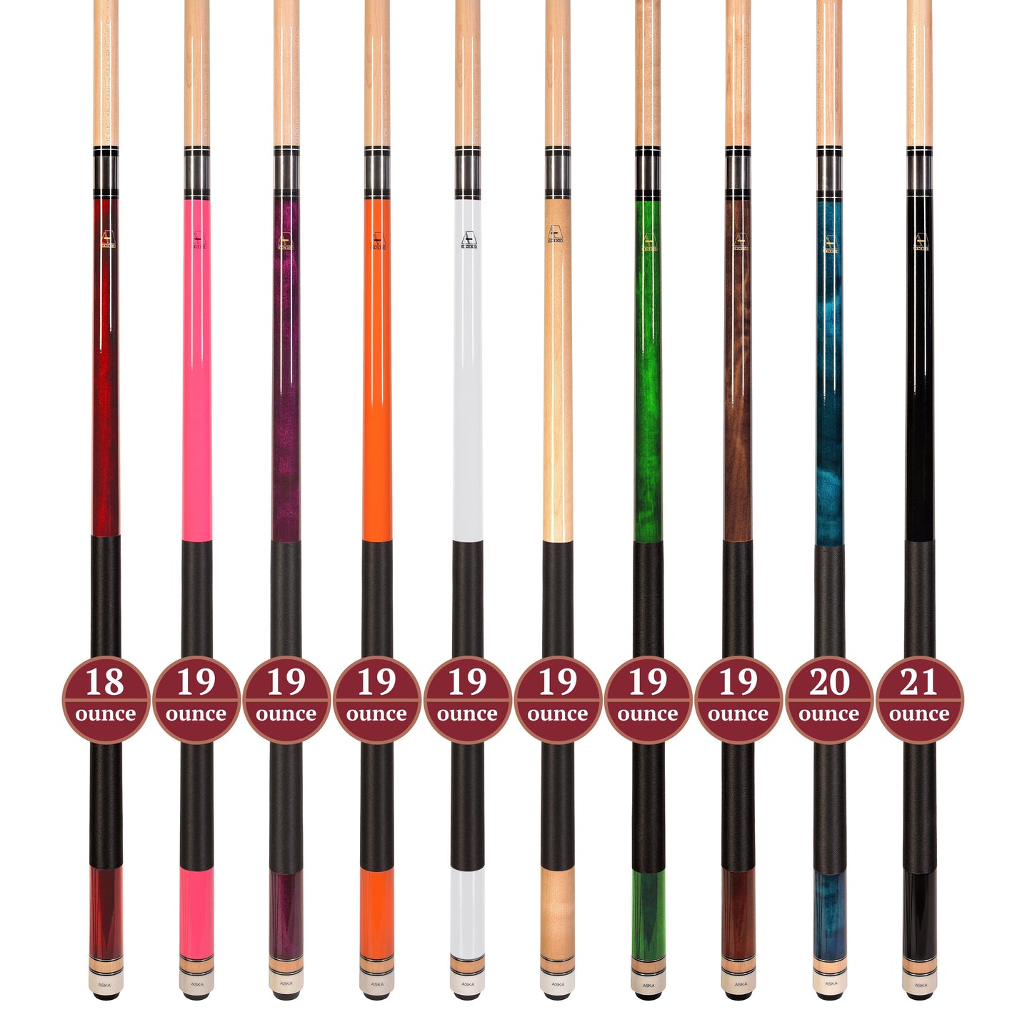 Set of 10 Aska L2 Billiard Pool Cues, 58" Hard Rock Canadian Maple, 13mm Hard Leather Tip, Mixed Weights, L2S10A
