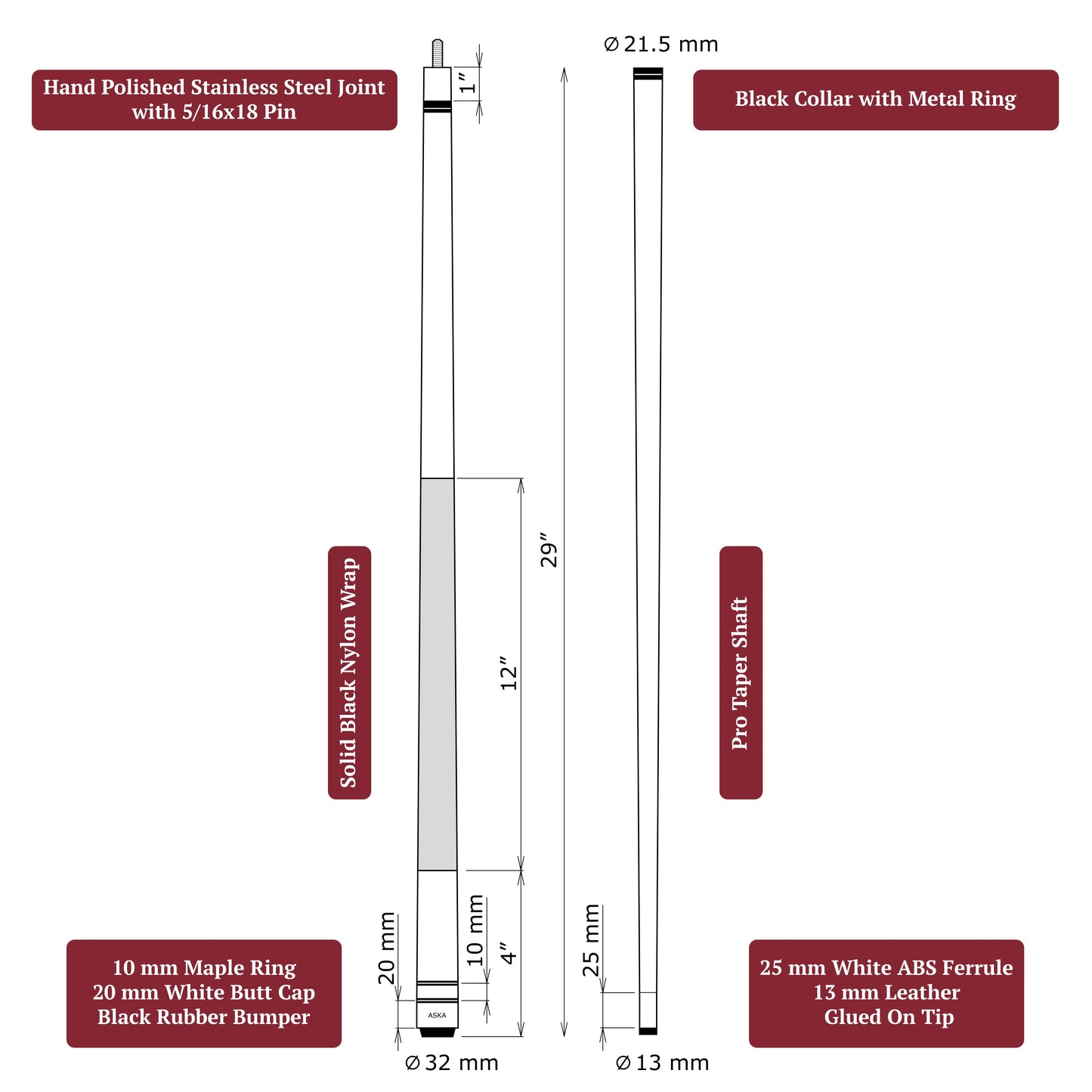 Set of 5 GREEN Aska L2 Billiard Pool Cues, 58" Hard Rock Canadian Maple, 13mm Hard Tip, Mixed Weights, L2S5GRN