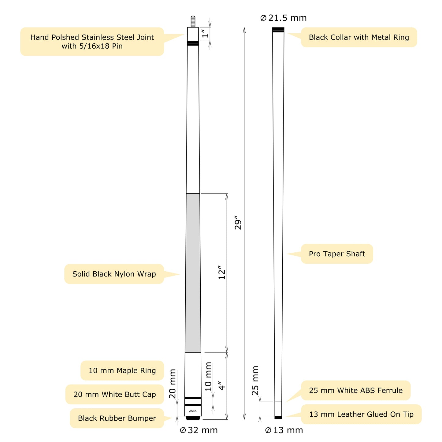 Set of 10 Aska L2 Billiard Pool Cues, 58" Hard Rock Canadian Maple, 13mm Hard Leather Tip, Mixed Weights, L2S10A