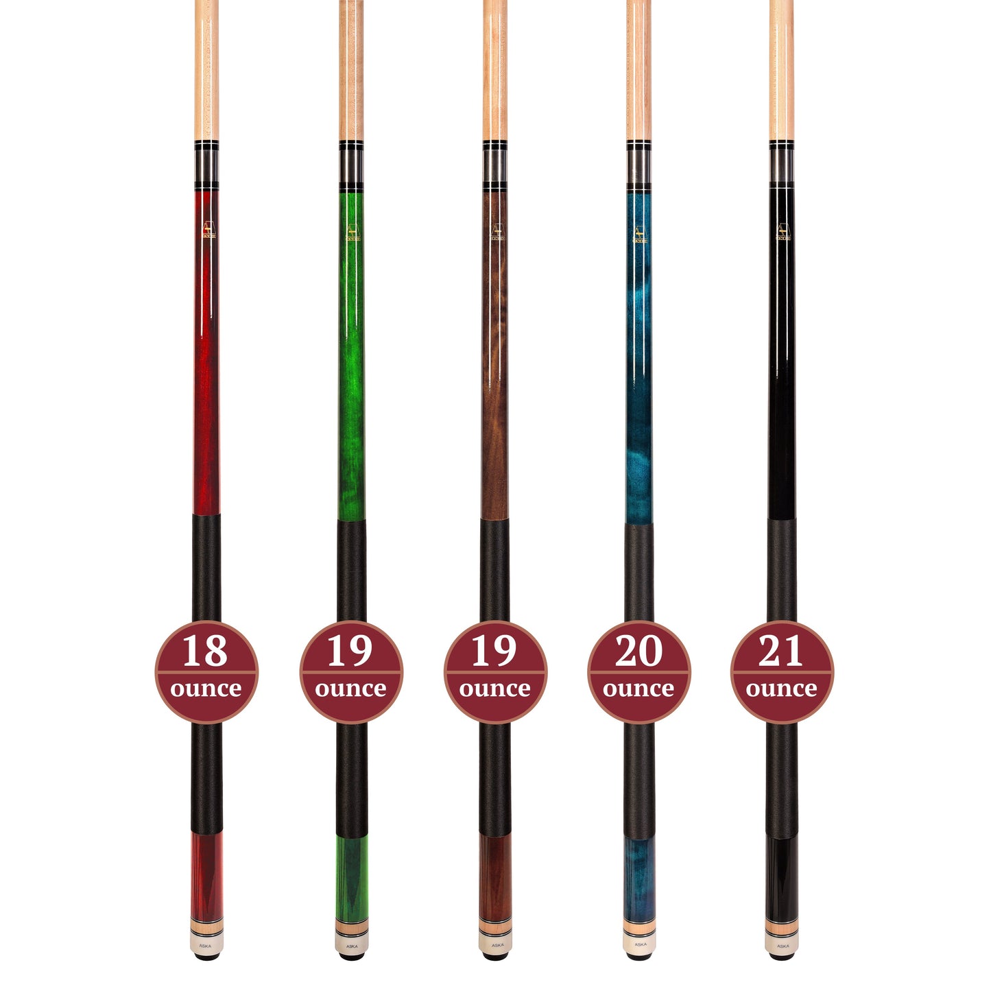 Set of 5 Aska L2 Billiard Pool Cues, 58" Hard Rock Canadian Maple, 13mm Hard Tip, Mixed Weights, L2S5