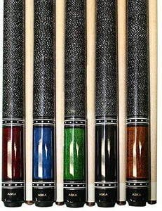 ASKA Set of 5 L9 Pool Cue Sticks 58", 2-Piece Construction, 5/16x18 Joint, Hard Rock Canadian Maple, 13mm Hard Glued On Tip, Mixed Weights and Colors, L9S5